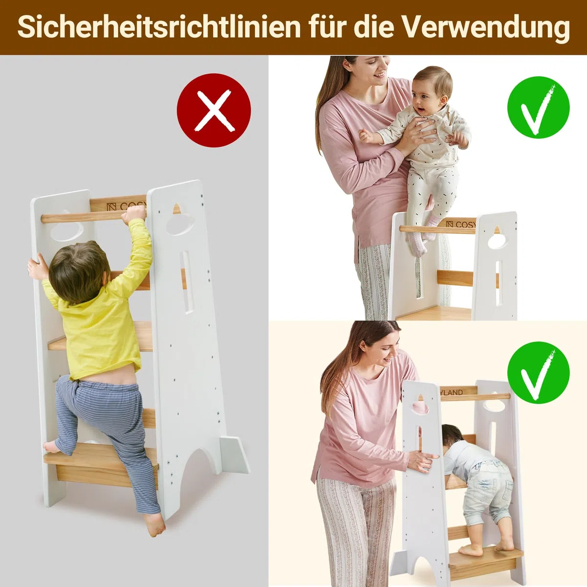 COSYLAND Lernturm ab 1 Jahr - Höhenverstellbarer Learning Tower für Kinder (3-stufig) - Montessori mit Kippschutz & Massivholz (Weiß und Holz)