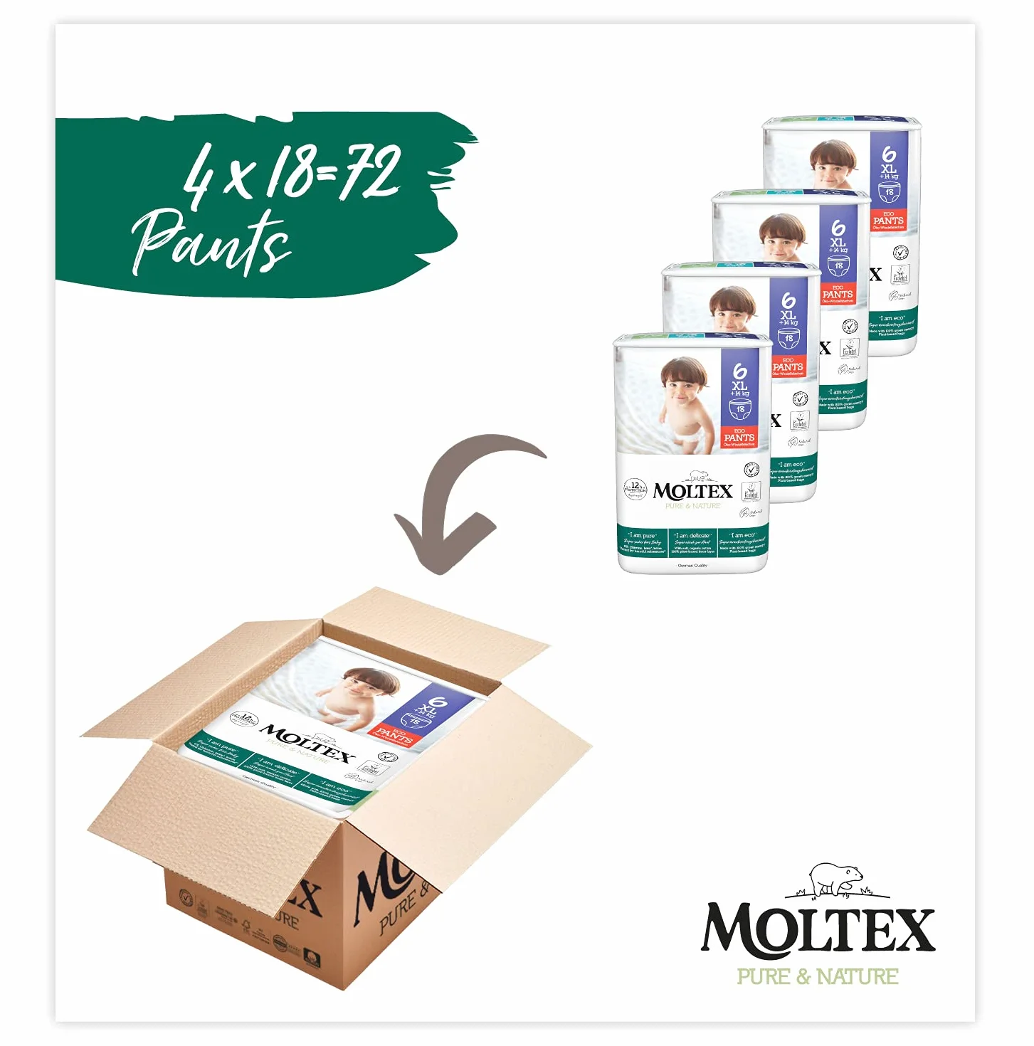 Moltex Pure & Nature Öko Pants Größe 6 XL (+14 kg) Monatsbox - 72 Bio Windeln