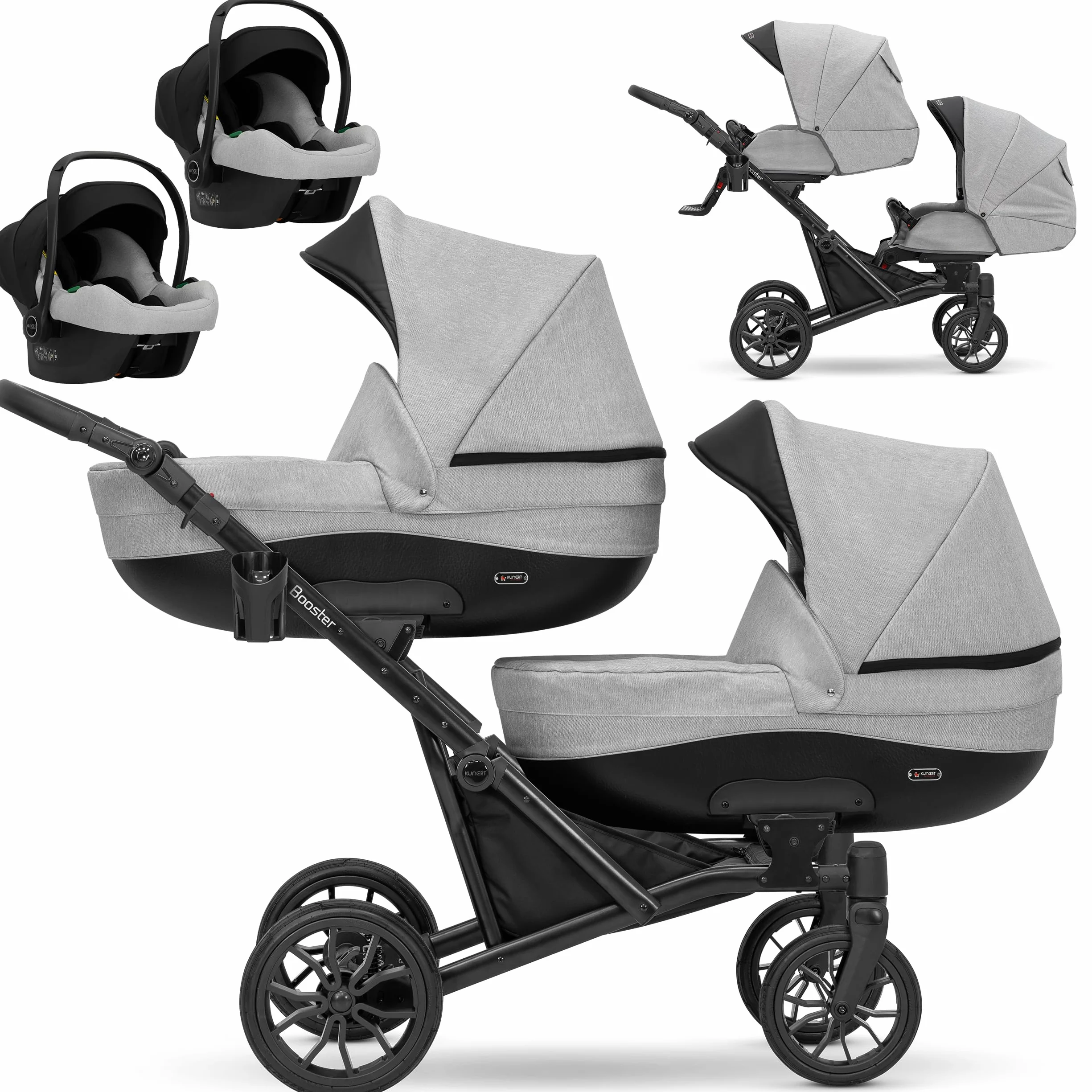 KUNERT BOOSTER 3in1 2in1 Kinderwagen Komplettset Zwillingskinderwagen Babywagen Kombikinderwagen Komplettset Geschwisterwagen Kinder Wagen set Zwillingsbuggy Doppelkinderwagen (Grau, 3 in 1 Cosmo)