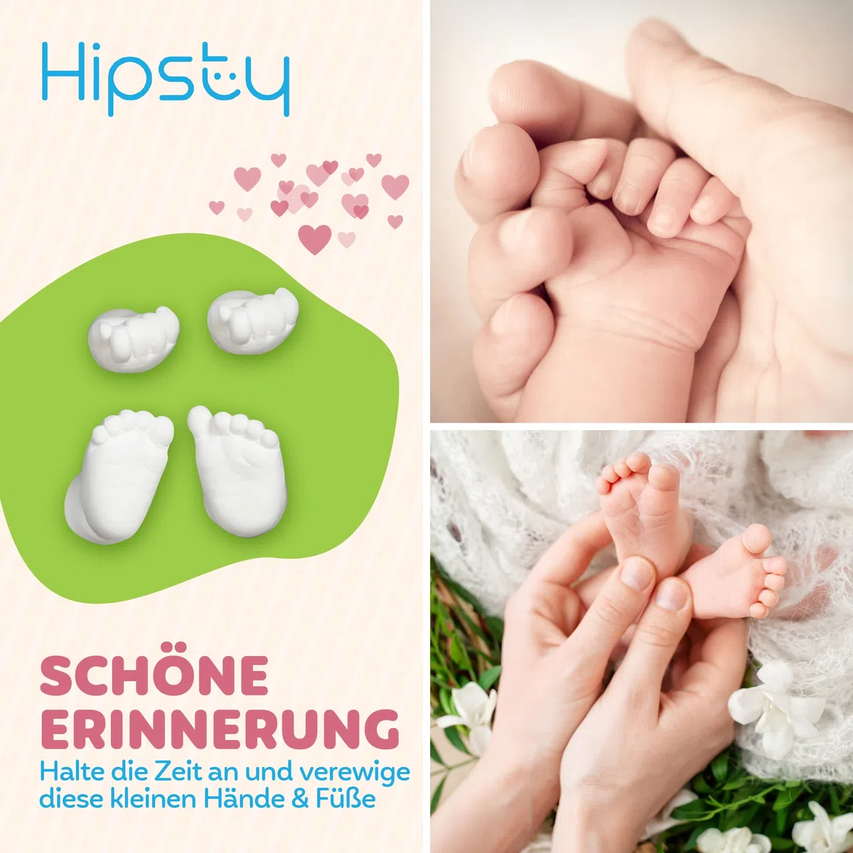 Hipsty Gipsabdruck Baby Hand und Fuß | Mehrere Abdrücke | Einzigartige Erinnerung | Erstelle mit dem Abdruckset einen wunderschönen Handabdruck oder Fußabdruck | Komplettset