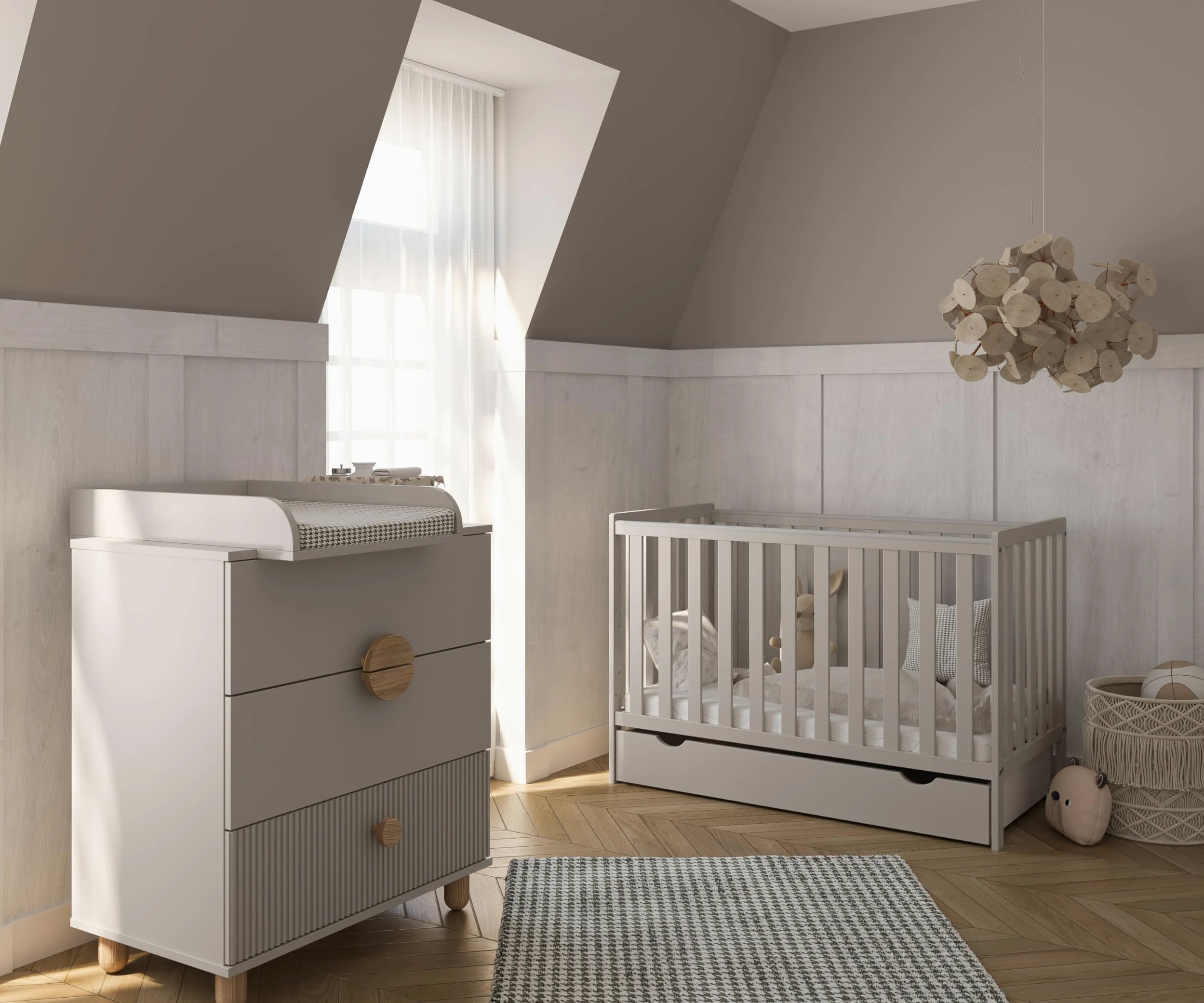 zee Bambi Kaschmir Babybett Set 120x60 cm mit Schublade & Barriere + Wickelkommode LOFT mit Wickeltisch Babyzimmer Möbel Set Kinderbett Umbaubar zum Juniorbett Baby Bed Robustes Gitterbett