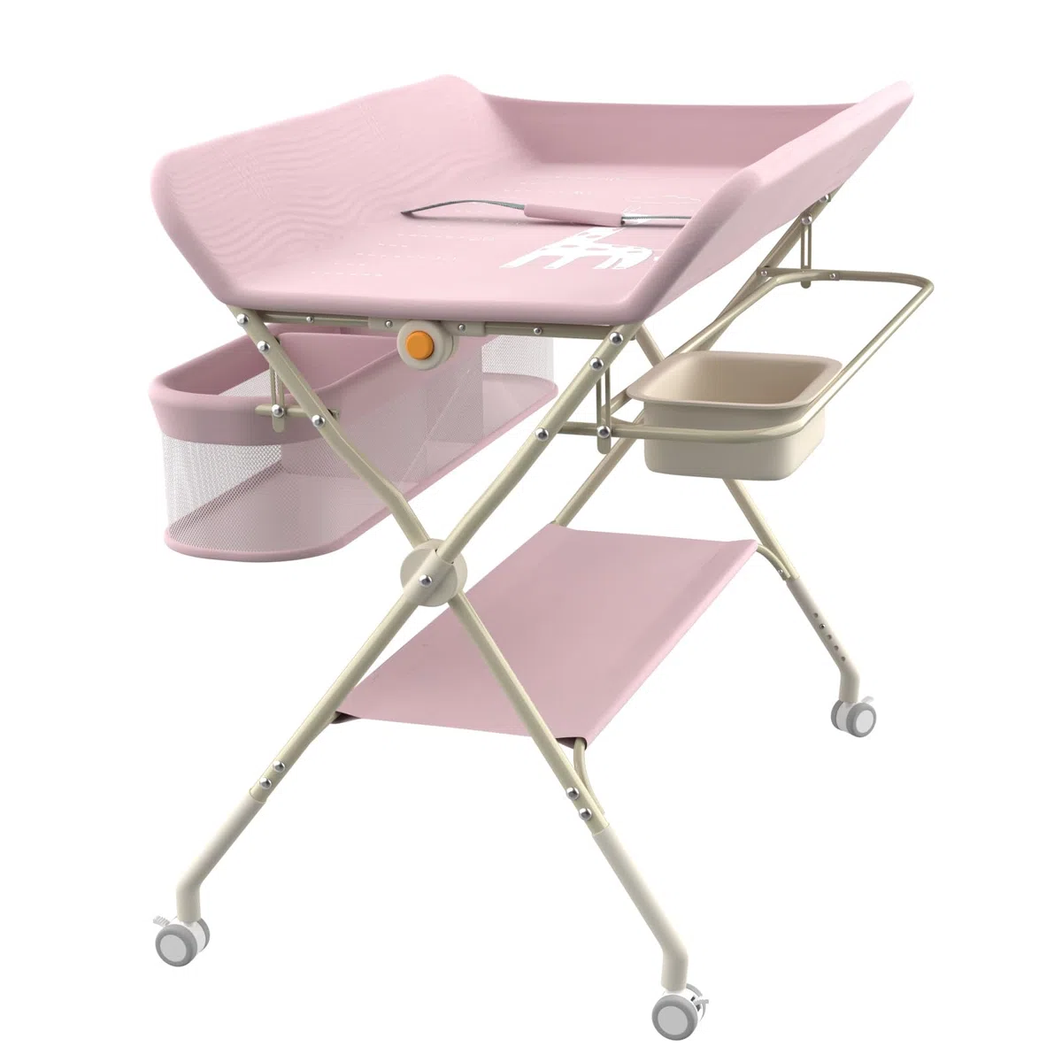 Mobiler Wickeltisch, Wickelkommode, faltbar, mit Aufbewahrungskorb, Wickeltisch für Neugeborene und Kleinkinder, 5 verstellbare Höhen, Höhe 62 – 90 cm, Rosa