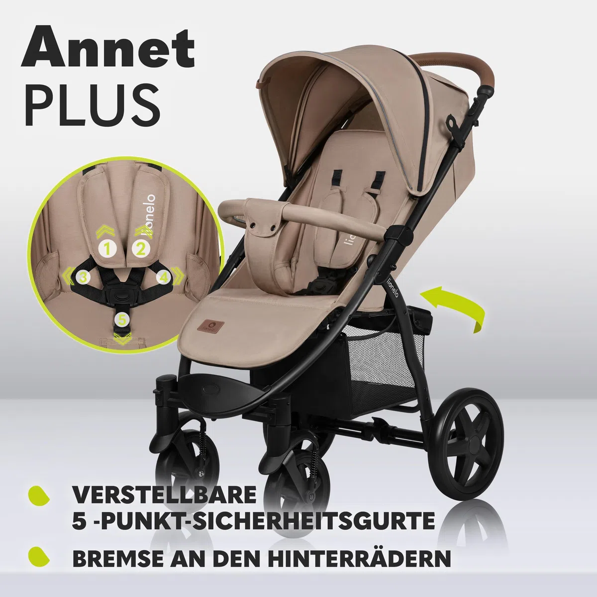 Lionelo Annet Plus Buggy Kinderwagen ab Geburt bis 22 kg, Liegefunktion flach, kompakt faltbar, große EVA Räder mit Federung, XXL Verdeck