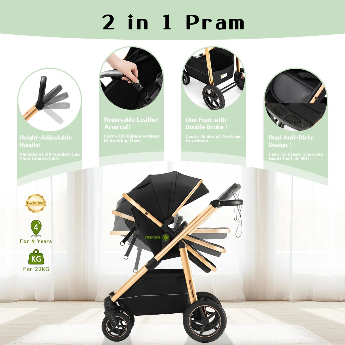 3-in-1 Buggy Kinderwagen Klappbar mit Babyschale, Höhenverstellbarem Griff, Aluminium-Rahmen, Moskitonetz, für 0-4 Jahre