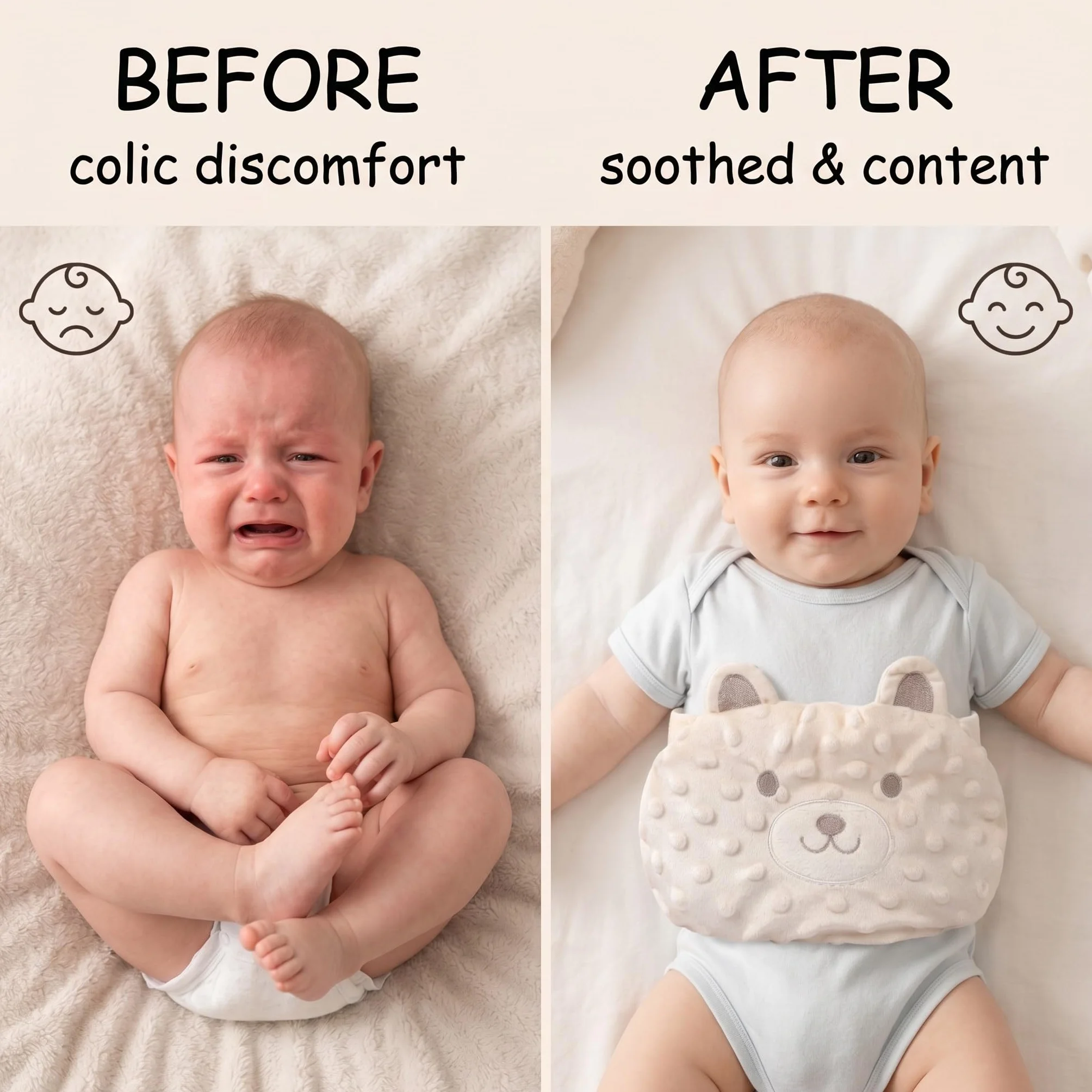 Baby Wärmegürte, Natürliche Wärme gegen Blähungen und Koliken, Verstellbarer Bauchgurt für Neugeborene und Babys bei Bauchweh (Beige, Niedliches Schweinchen-Design)