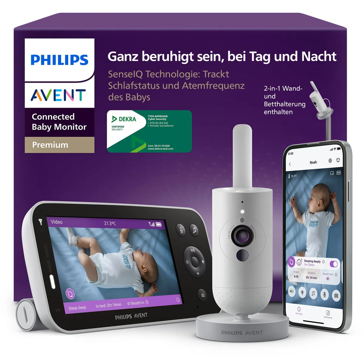 Philips AVENT Premium Connected Babyphone SCD973/26 mit Kamera, KI Schlaf- und Atmungs-Tracking, Schrei-Interpretation, DEKRA zertifiziert