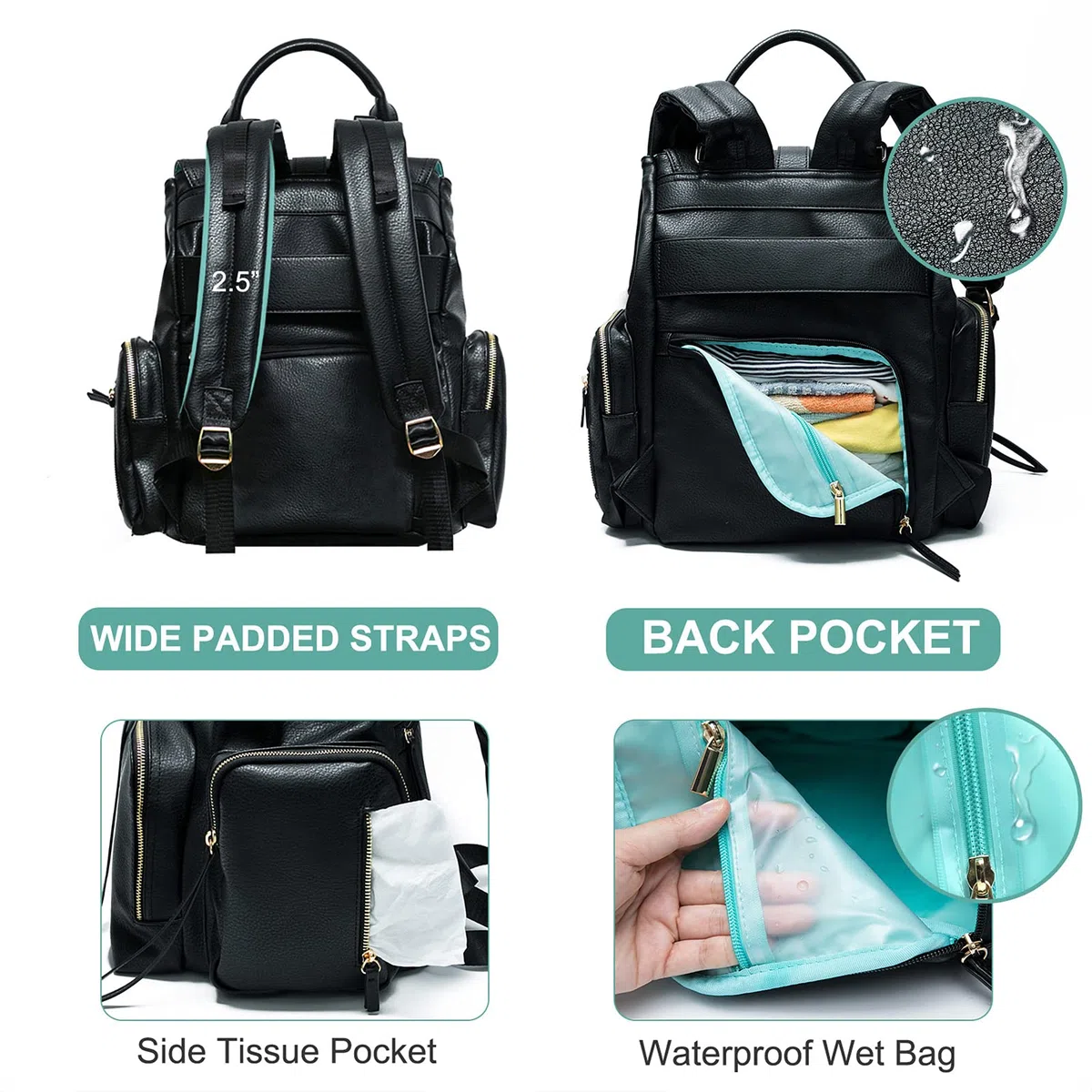 MISS FONG Baby Changing Bag Backpack Leather Nappy Changing Backpack Diaper Bags with Insulated Pockets Baby Bags for Mom and Dad, maternity bag