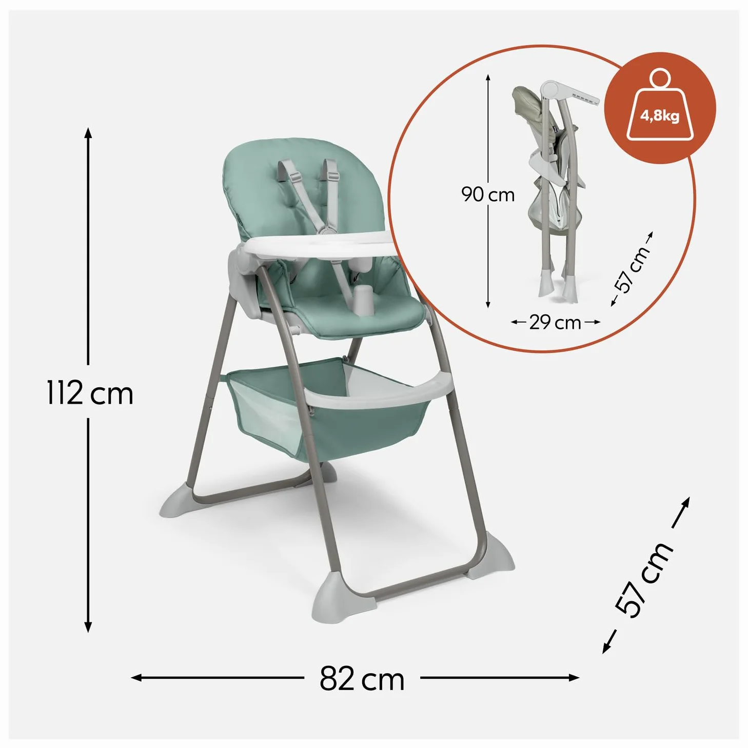hauck Sit N Fold, Dusty Mint - Faltbarer Hochstuhl für Kinder ab 6 Monaten bis 15 kg, mit 5-Punkt-Gurt, Rückenlehne & Essbrett Verstellbar, Bechervertiefung & Erhöhter Rand, Großer Korb