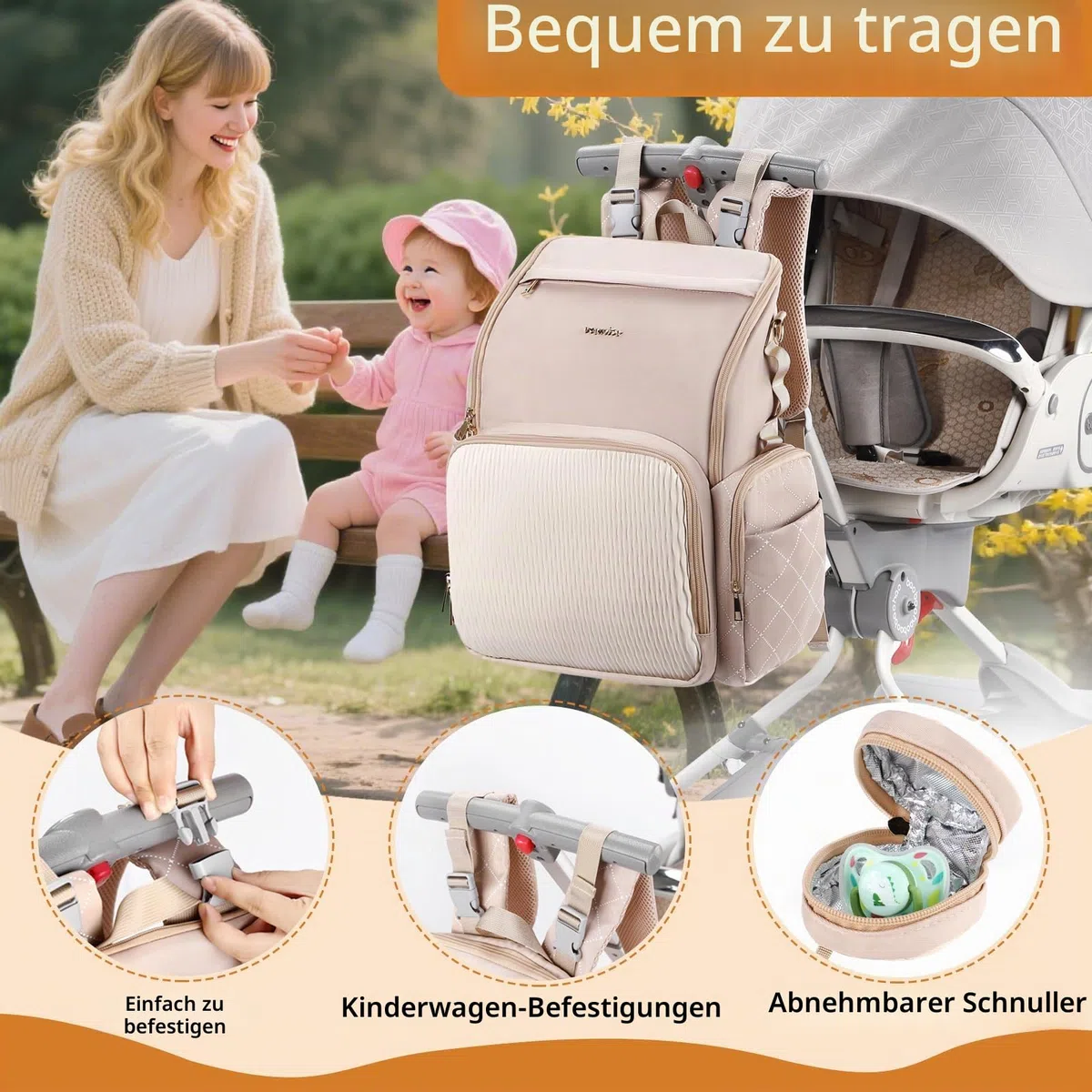 Stilvolle Baby Wickeltasche Großer Wickelrucksack mit Multifunktions – mit Wickelauflage, abnehmbarem Schnullerhalter, Kinderwagengurten - für Mama und Papa