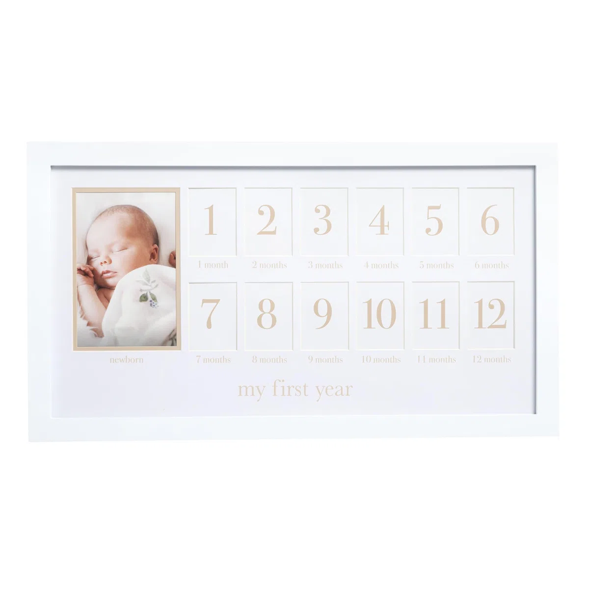 Pearhead Fotocollage für das erste Jahr und geschlechtsneutrales Andenken, ideal für Babyparty, Geschenk zur Geburt und als Kinderzimmer-Dekor, 13 Fotoeinsätze, beige matt