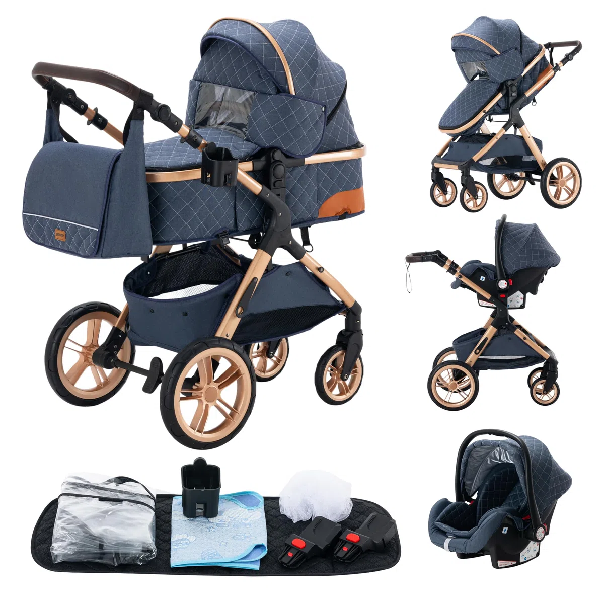 YAZOCO Kinderwagen 3 in 1 Zusammenklappbar Komplettset mit Becherhalter Moskitonetz Fußabdeckung für Baby Neugeborene Blau