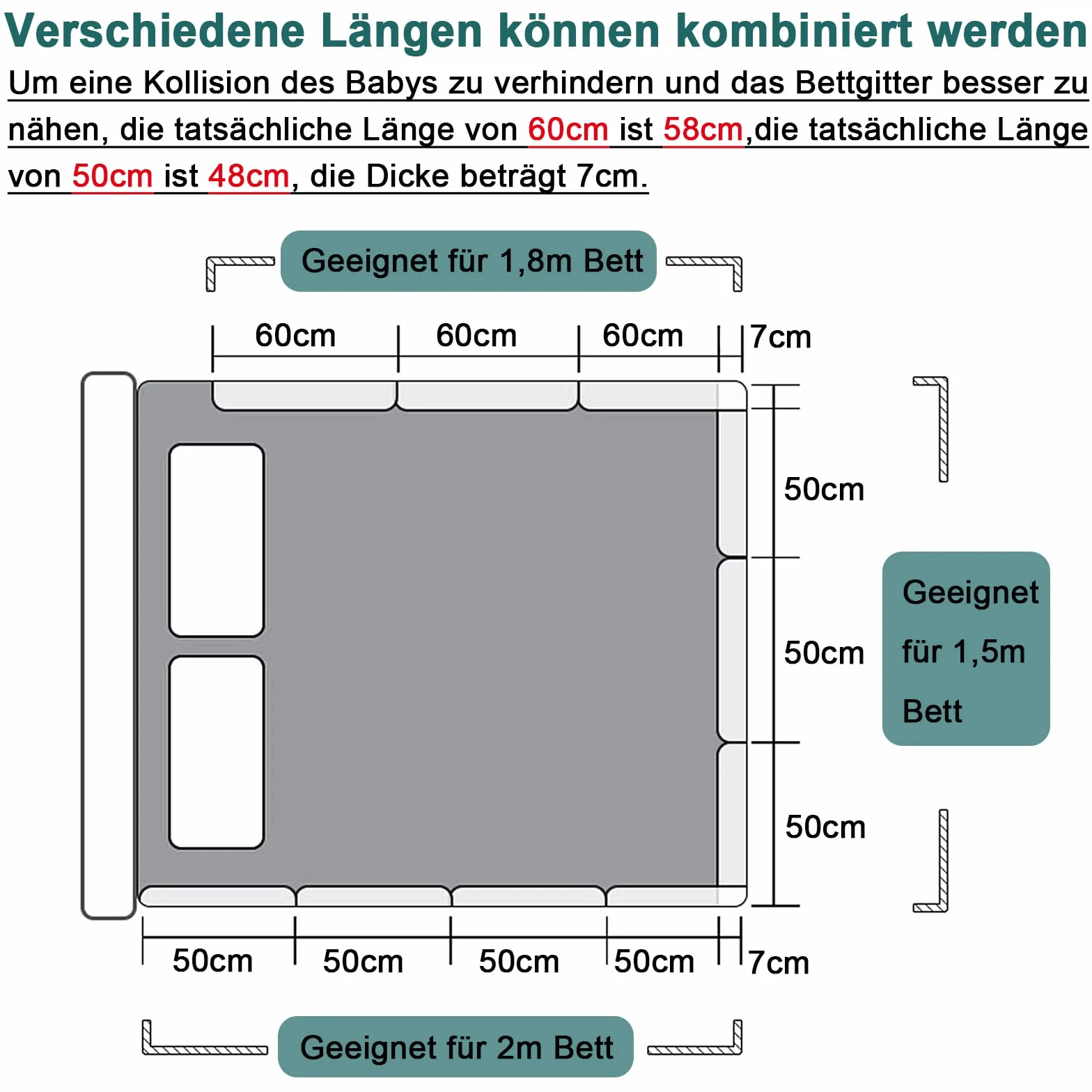 UISEBRT 3 Stück Bettgitter 50cm Rausfallschutz Bett, Bettschutzgitter für Kinder 5-Loch Höhenverstellbar Kinderbettgitter Sicherheitsschutz für Kleinkinder, Babys und Kinder, 150cm, Grau