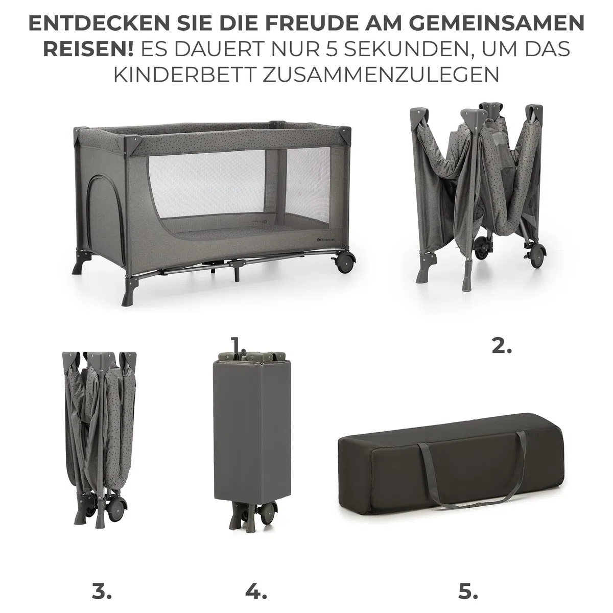Kinderkraft Joy 2 Kinderbett, 2 in 1 Kinderreisebett, Babybetten, Kinderbett, Reisebett, Modernes Design, Kleine Abmessungen nach Zusammenklappe, Räder, Dunkelgrau