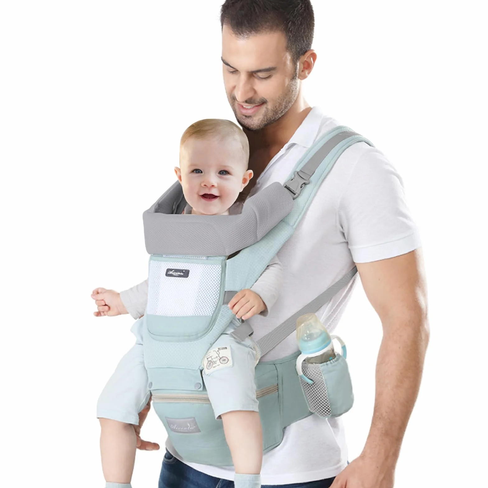 IULONEE Neugeborene Babytrage Baby Carrier Ergonomisch Babytrage mit Hüftsitz Multifunktional Kindertrage Dorsal und Ventral Babyrückentragen für Kleinkinder 3 Monate bis 3 Jahre (3-20kg) Grün