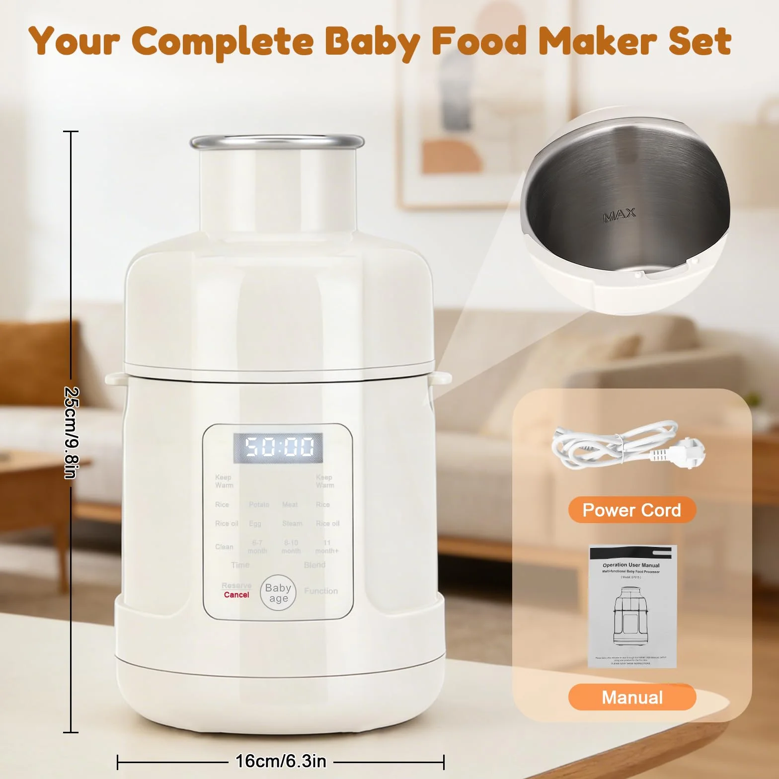 Babynahrungszubereiter 500 W – All-in-One-Gerät: Dampfgarer, Mixer, Wärmer & Timer für alle Entwicklungsstufen – Touchscreen, Automatikprogramme & Selbstreinigungsfunktion