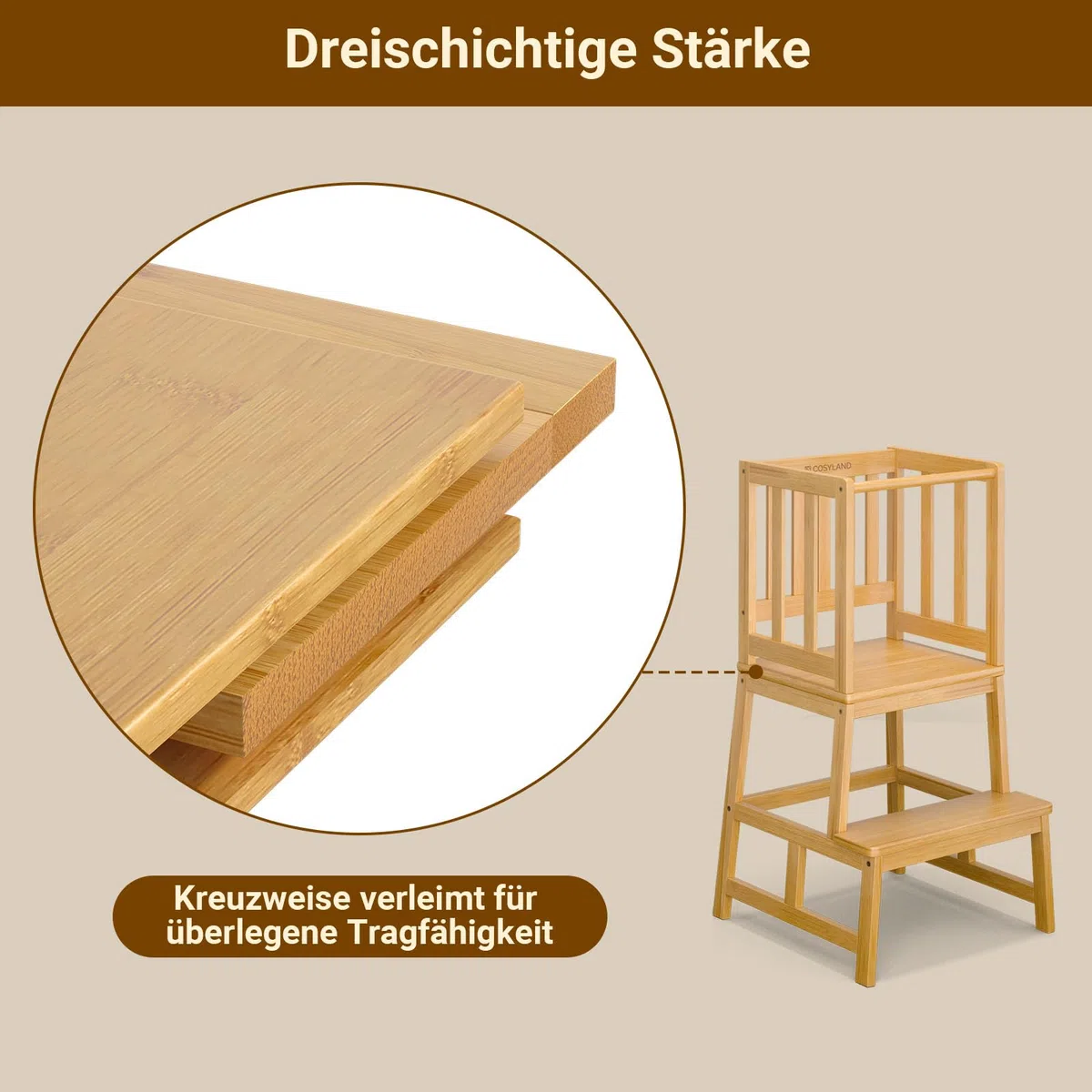 COSYLAND Lernturm ab 1 Jahr – Montessori Learning Tower für Kinder – Sicherer Kinder Lernturm ab 2 Jahre – Stabiler Toddler Tower, Naturfarbe
