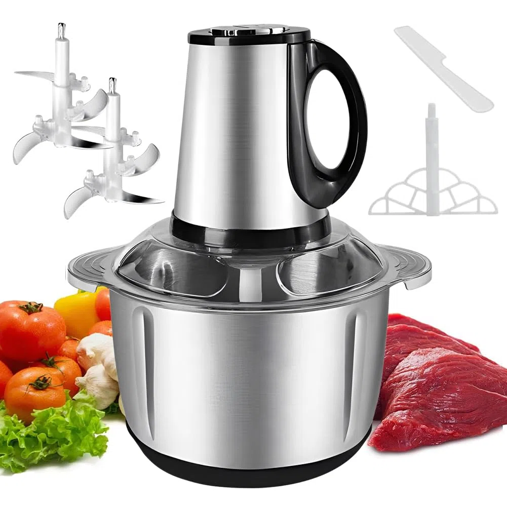 Zerkleinerer Elektrisch, 5L Edelstahlschüssel Multi Zerkleinerer, 600W Multizerkleinerer mit 3 Geschwindigkeiten Einstellbar, mit Drehbare 4-seitige für Küchenkochen, Babynahrung