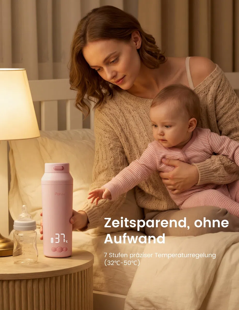 Paruu Tragbarer Flaschenwärmer Baby Unterwegs, Schnellaufheizen in 2 Min, Leicht zu Reinigende Weite Öffnung, 7-Stufige Temperaturregelung, 30W-Schnellladung, 350ml Kapazität, Rosa