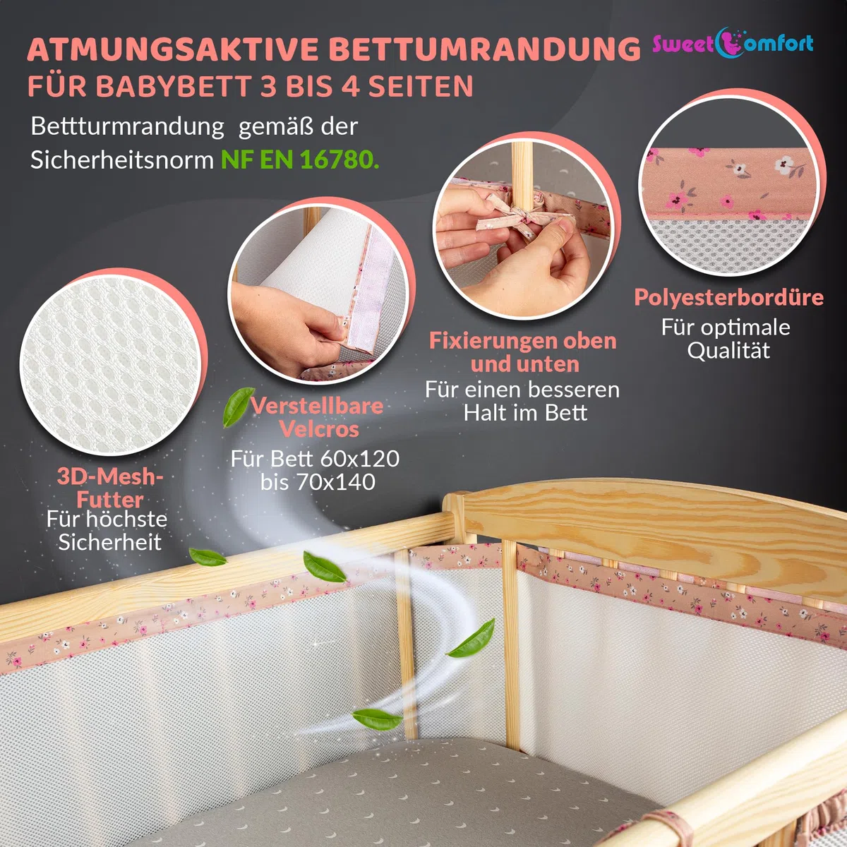 SweetComfort Babybettumrandung: Atmungsaktiv mit Aufbewahrungstasche - Passend für Babybetten 60x120 und 70x140 cm - Blumiges Rosa - Verstellbare Klettverschlüsse - für 3- bis 4-seitige Gitterbetten