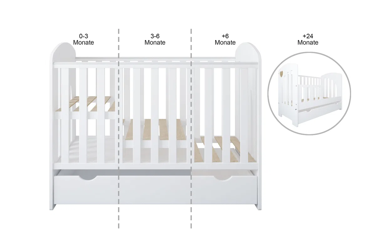 Heart Babyzimmer Set Weiß 2in1 Babybett 120x60 mit Schublade Umbaubar zum Juniorbett + Wickelkommode mit Wickelaufsatz Skandinavisches Design Herz Natur