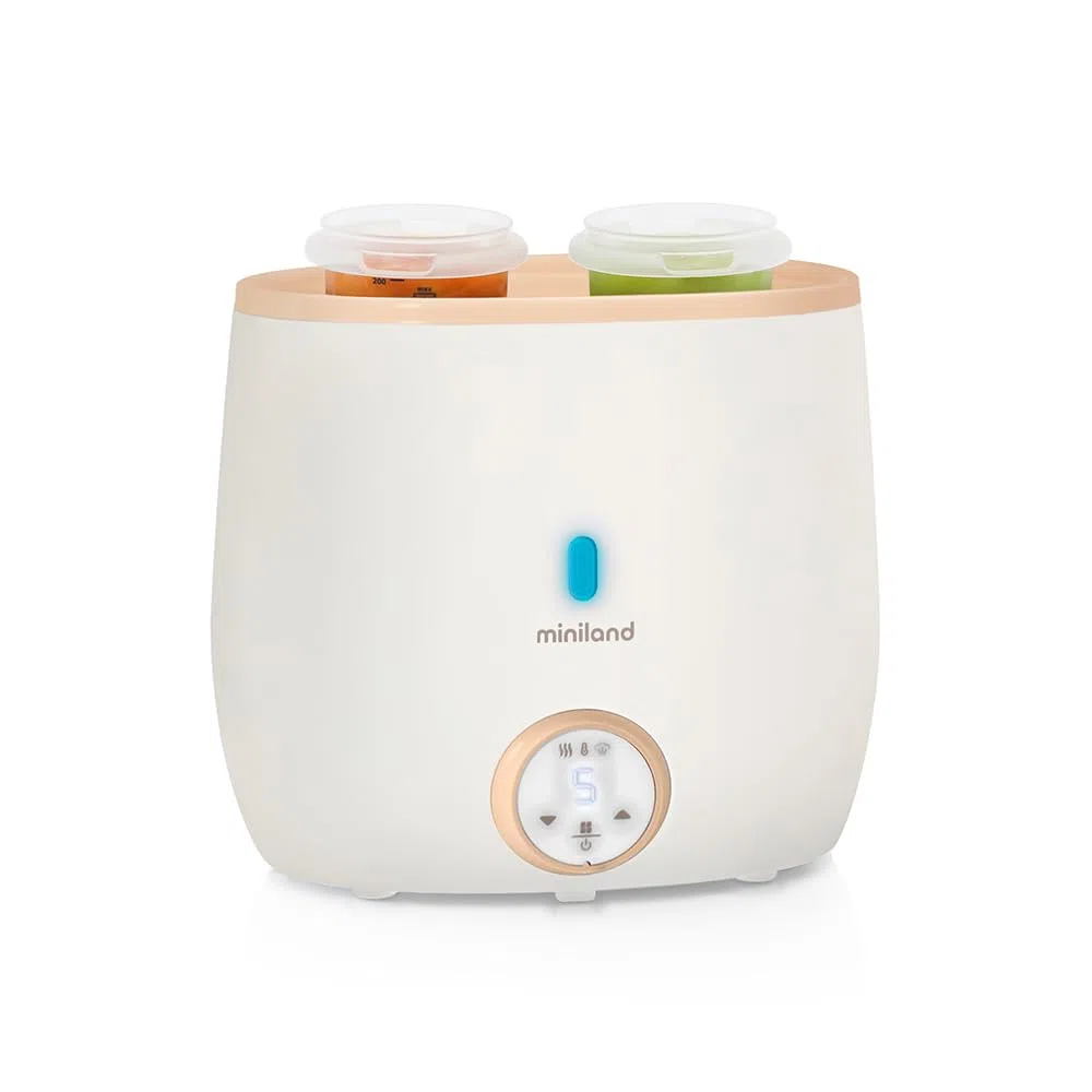 Miniland Warmy Twin Babyflaschen- und Sterilisator, 2-in-1 Schnellerwärmung für Babynahrung, mit Digitalanzeige, präzise Temperaturregelung für Muttermilch (Beige)