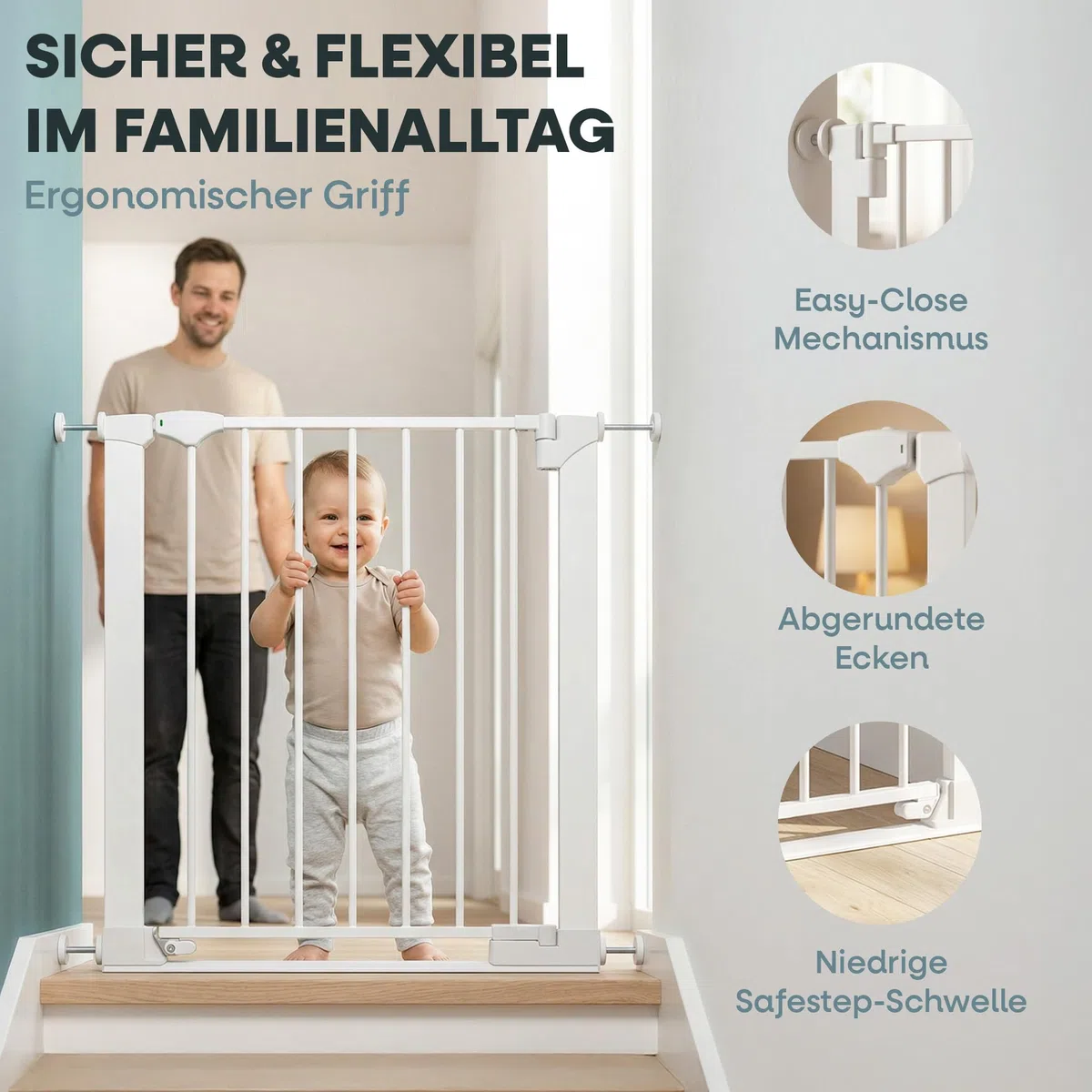 Safetots SafeStep Treppenschutzgitter ohne Bohren Weiß – Maximale Sicherheit für Babys & Haustiere – Visuelle Schließkontrolle – Beidseitig öffnend – Komfortables Tür- & Treppengitter 68cm - 75cm