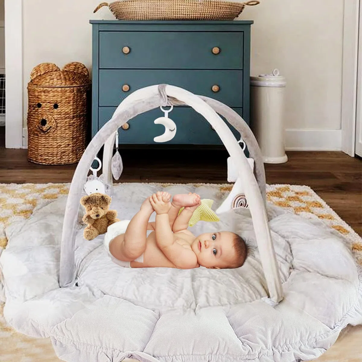 5-in-1 Baby Spieldecke,Krabbeldecke für Baby Spielmatte, Krabbelmatte mit Spielbogen 5 abnehmbarem Babyspielzeug, ab der Geburt