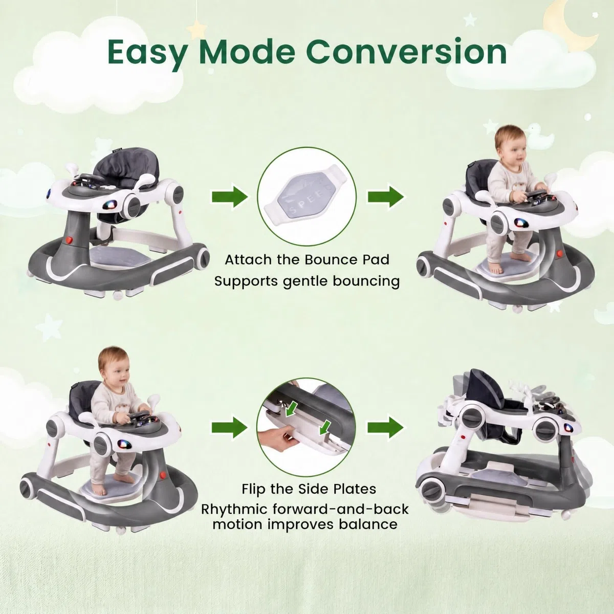 GIANTEX 7 in 1 Lauflernwagen, Lauflernhilfe höhenverstellbar mit Schaukelfunktion & Sprungmatte, Babywalker mit Licht, Musik, Spielecenter, Tablett, Laufwagen faltbar für Baby ab 6 Monaten (Grau)