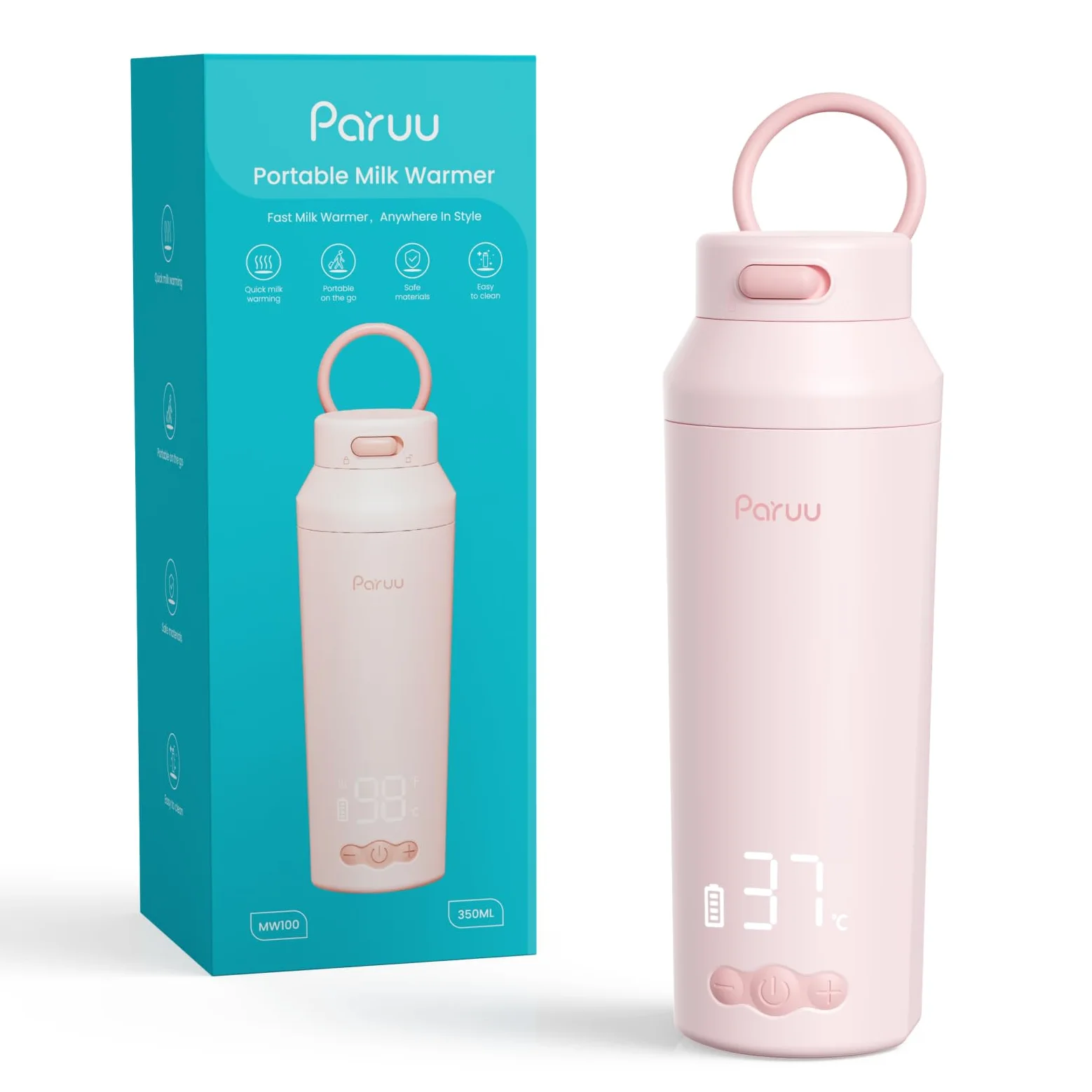 Paruu Tragbarer Flaschenwärmer Baby Unterwegs, Schnellaufheizen in 2 Min, Leicht zu Reinigende Weite Öffnung, 7-Stufige Temperaturregelung, 30W-Schnellladung, 350ml Kapazität, Rosa