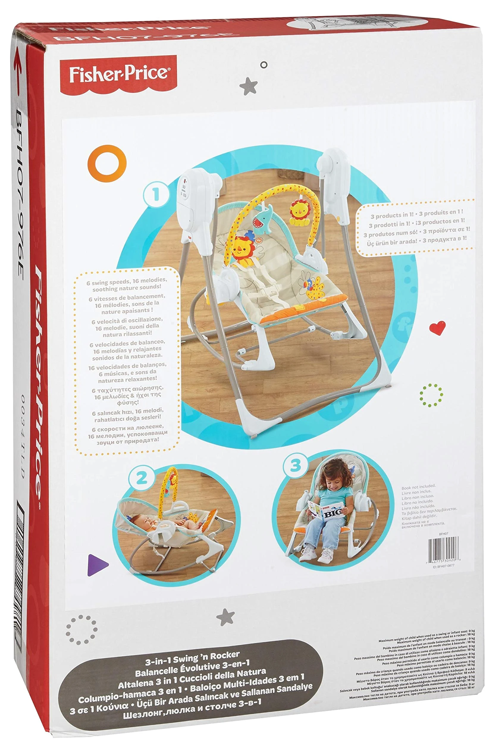 Fisher-Price BFH07 - 3-in-1 Deluxe Schaukel, 6 Schaukelgeschwindigkeiten, 16 Melodien, beruhigende Nachtgeräusche & eine abnehmbare Spielzeugleiste, für Babys und Kleinkinder