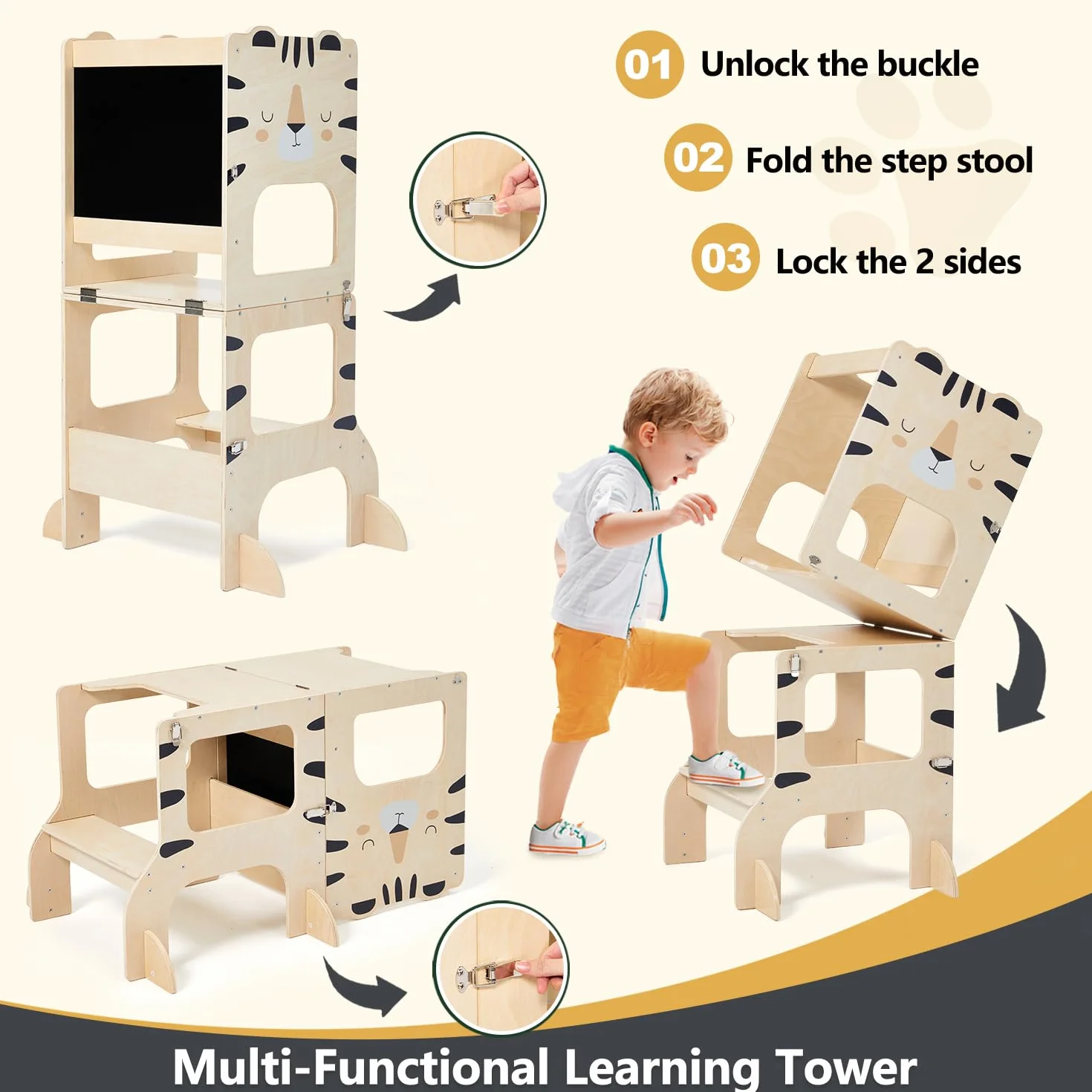 labebe lernturm für Kinder, klappbar Montessori Learning Tower, 3 in 1 lernstuhl Kinder mit Message Boards ab 1 Jahr-Tiger