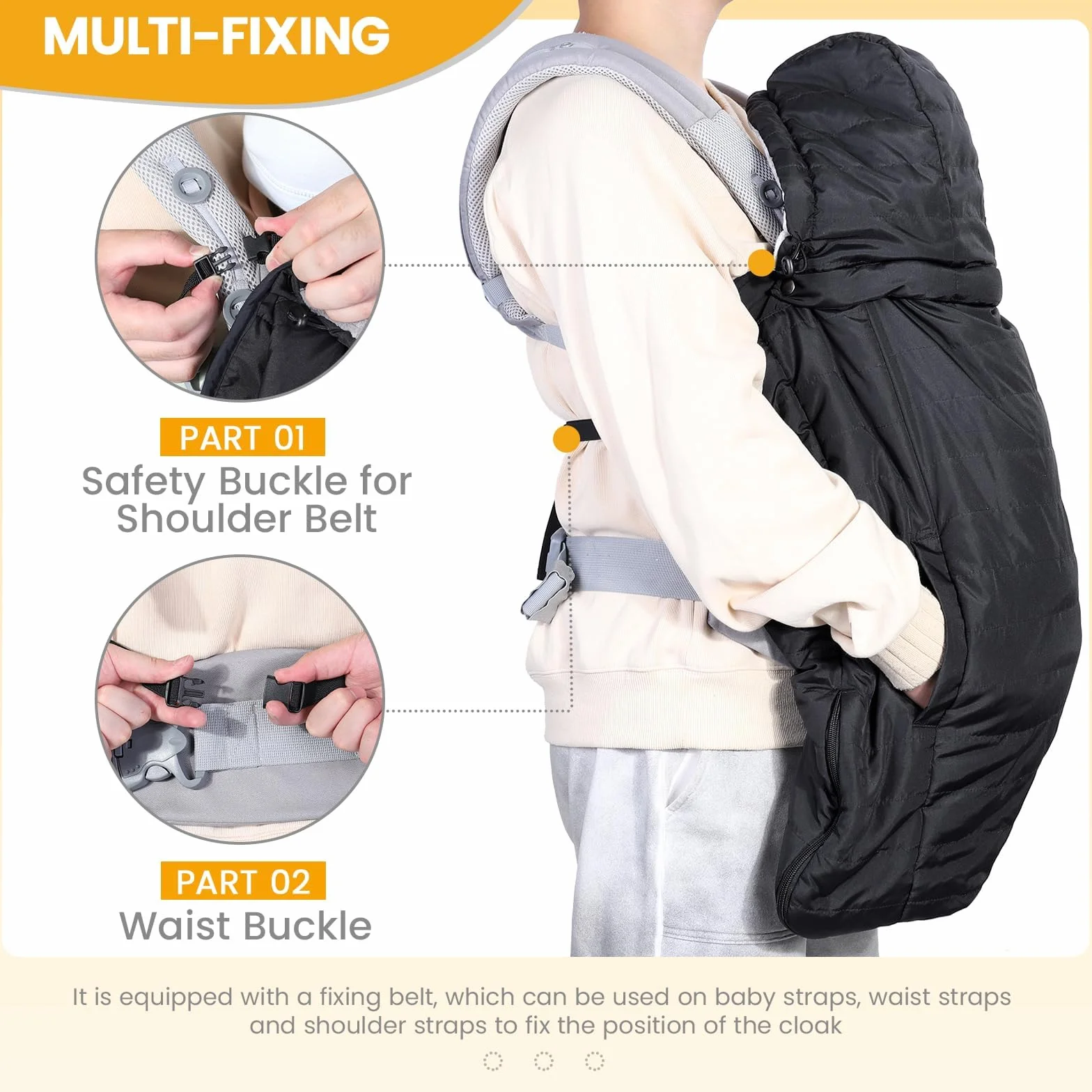 Orzbow Regenschutz Babytrage, Tragecover Babytrage Winter mit Abnehmbares Oberteil, Universal Wintercover Babytrage mit Korallenvlies-Futter, Vordertasche, Reißverschluss Unten, Schwarz