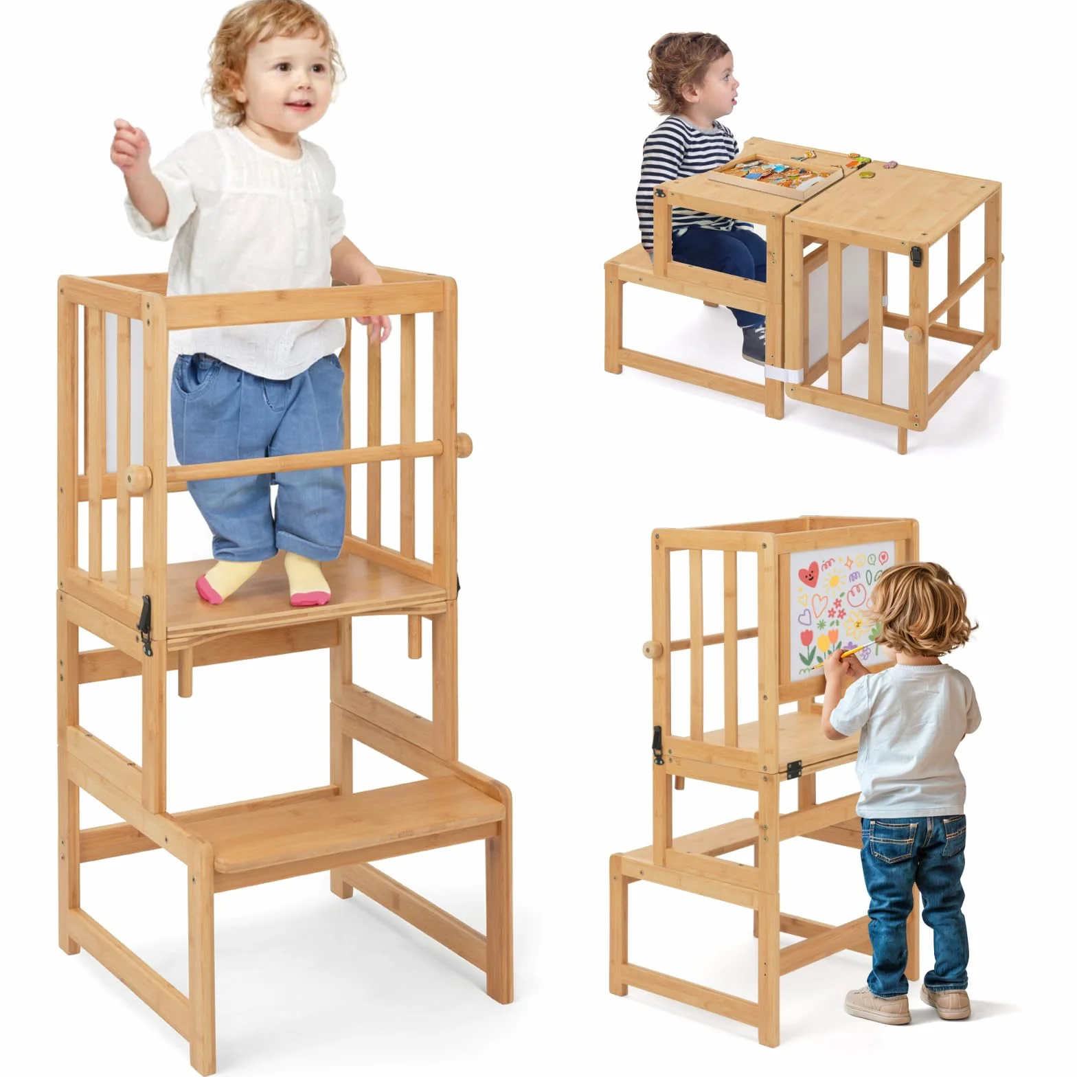 COSYLAND Montessori Lernturm ab 1 Jahr klappbar | 3 in 1 Learning Tower & Lernstuhl Kinder ab 1 Jahr | Klappbarer Montessori Lernturm mit Tafel für Küche, Tisch & Bad, Toddler Tower
