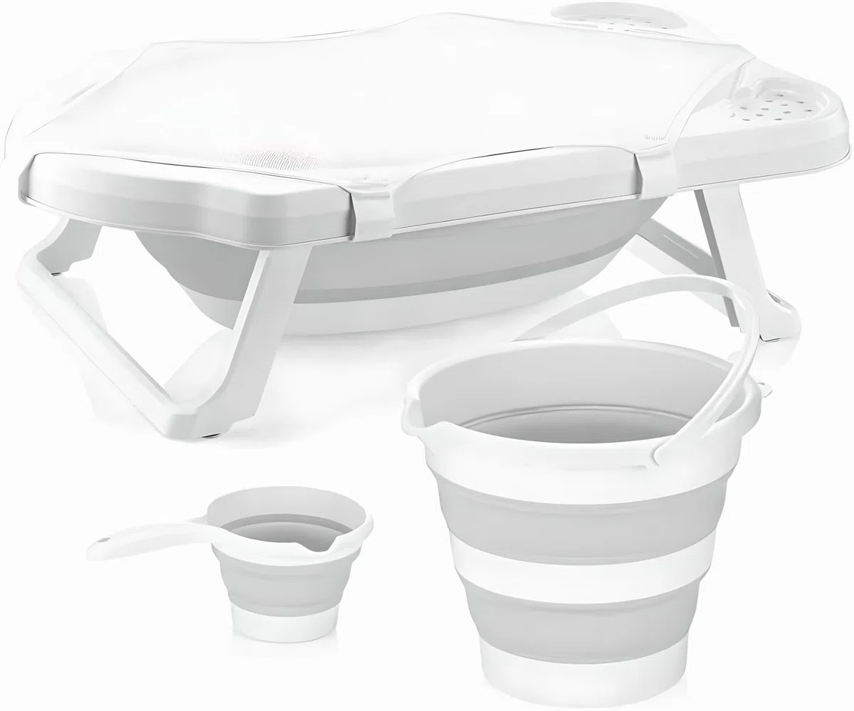 Große Faltbare Babywanne, Babywannen Set mit 33Liter, Baby Wanne Inkl. Badewanneneinsatz, Baby-Haarwaschbecher und Eimer. Babybadewanne Faltbar für Babys 0-6 Jahre, 82 x 48 x23 cm