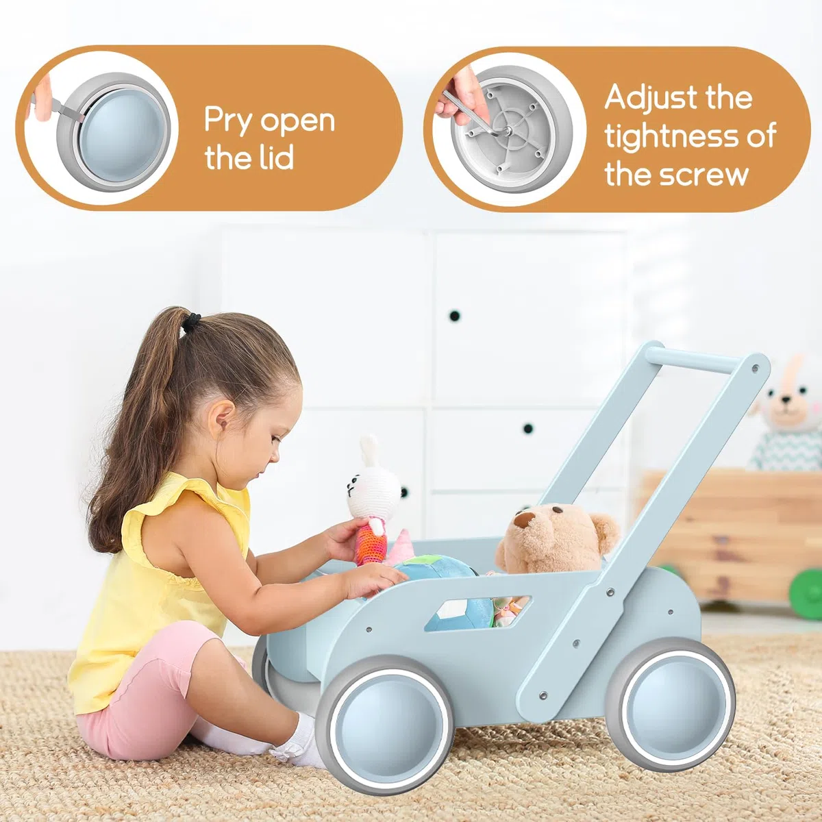 Lauflernwagen Holz, Baby Lauflernhilfe für Junge und Mädchen, Toddler Push & Pull Lauflernspielzeug, Kinderwagen aus Holz, Baby Walker mit Rädern, Geschenk für Geburtstag Weihnachten, Blau