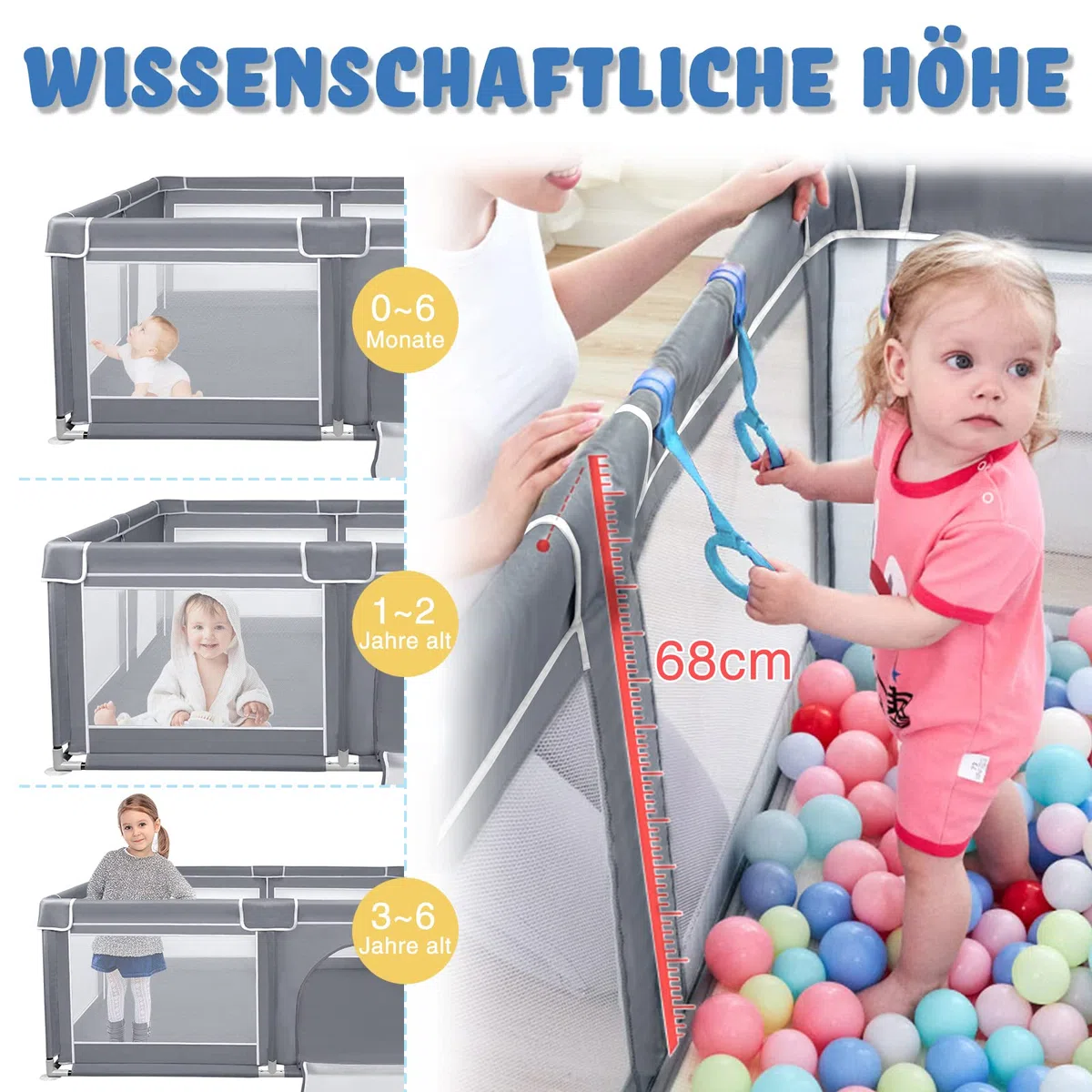 ACXIN Laufstall Baby Laufgitter 127x127x68cm mit Rutschfester Basis und Atmungsaktivem Netz, Stabiler Absperrgitter Aktivitätszentrum für Kinder, Grau