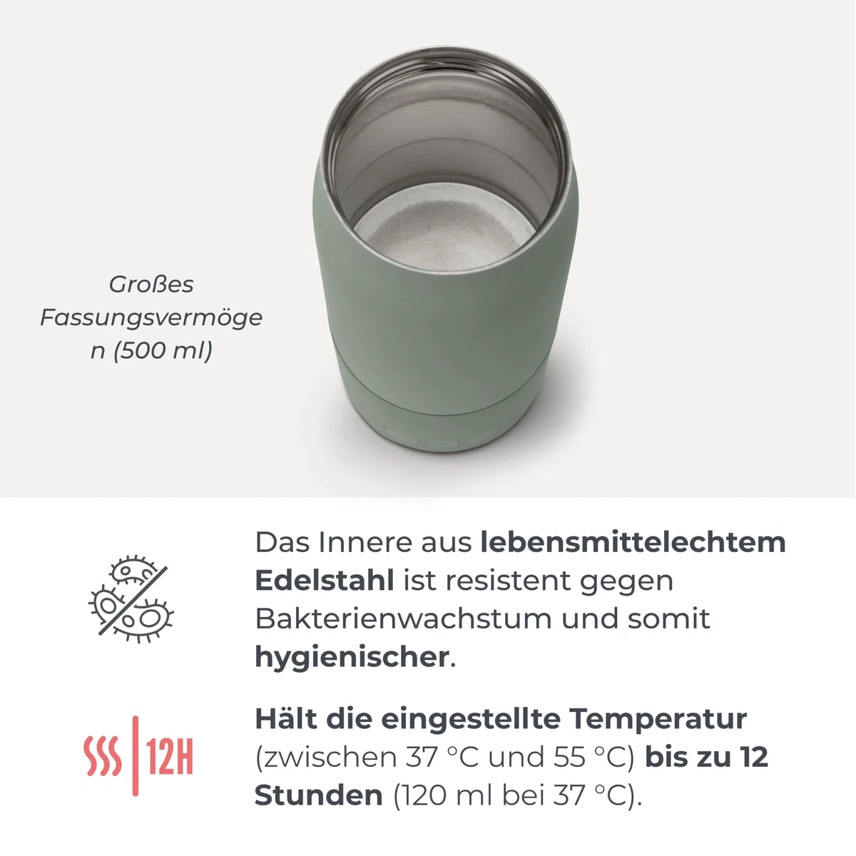 Nuvita 1190 Tragbarer Milchwärmer 500 ml – Kabelloser Flaschenwärmer mit wiederaufladbarem Akku, 3 wählbare Temperaturen 37 °C/55 °C/100 °C, hält bis zu 12 Stunden warm, ideal für Milch und Kräutertee