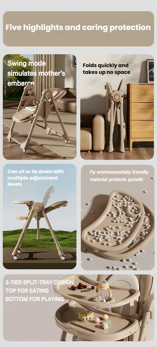 Baby Hochstuhl 2-in-1 Dining Swing Mode, Multifunktional Faltbar Umwandelbar mit 6 Verstellbaren Höhen und 3 Liegepositionen (8121 Khaki)