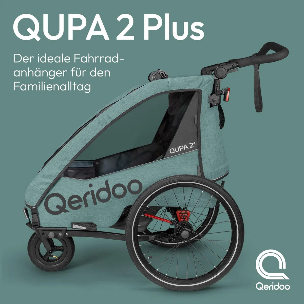 Qeridoo QUPA 2 Plus Mineral Blue | Fahrradanhänger für 2 Kinder mit Federung & 3-in-1-Verdeck | Kinderfahrradanhänger & Jogger Kinderwagen | Faltbarer Fahrrad Anhänger für Familie & Alltag