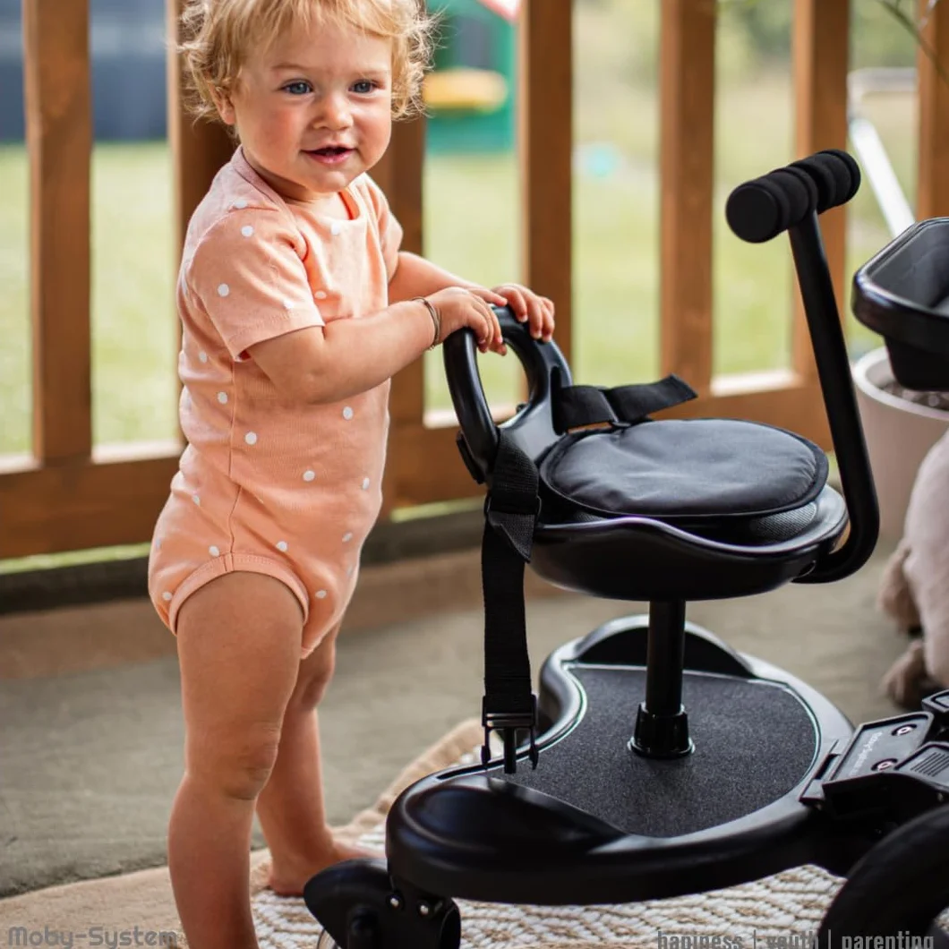 Moby-System, Board mit Sitz für Rollstühle mit Sitz Universelle Plattform für ältere Kinder, Leuchtende LED-Räder mit Stoßdämpfung passend für jeden Kinderwagen