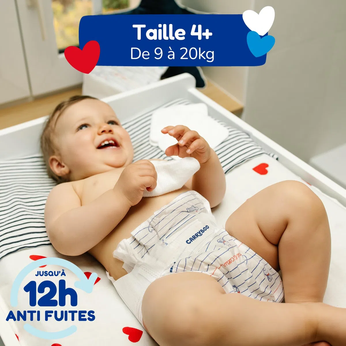 Carryboo - Windeln Größe 4+ (9 – 20 kg) – gesund und extrem saugfähig – 12 Stunden auslaufsicher – ohne unerwünschte Substanzen – hergestellt in Frankreich – erschwinglicher Preis – 126 Einwegwindeln