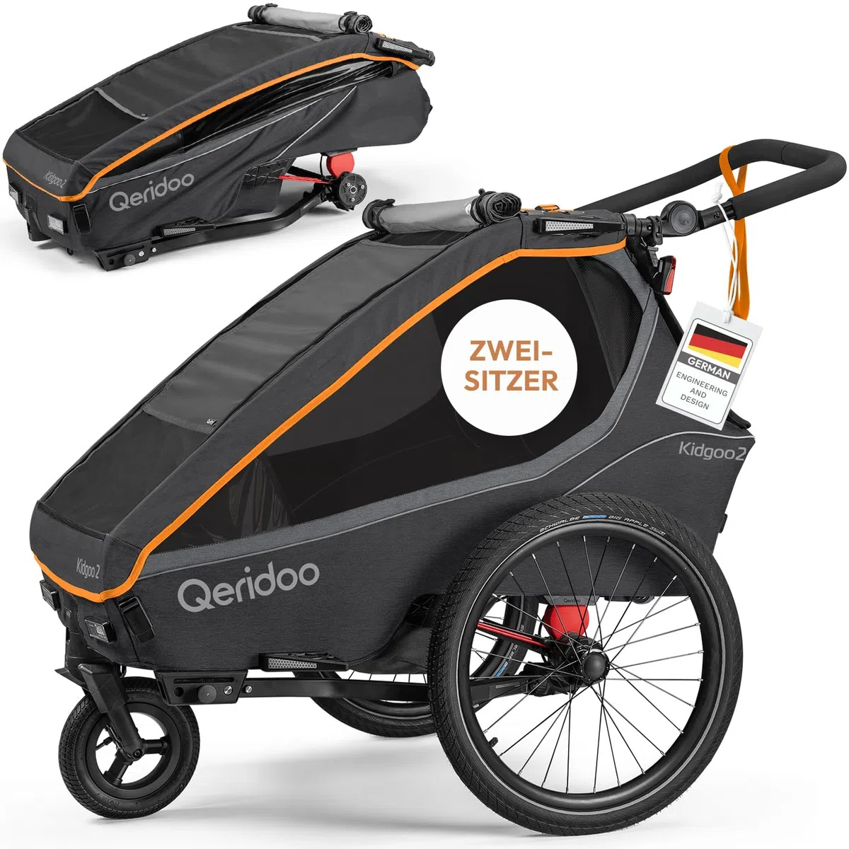 Qeridoo Kidgoo 2 FIDLOCK Edition | Kinderfahrradanhänger 2 Kinder | Fahrrad Anhänger mit Federung & FIDLOCK Gurtsystem | Jogger Kinderwagen | Fahrradanhänger klappbar | Kinderbuggy 45L | Bike Trailer
