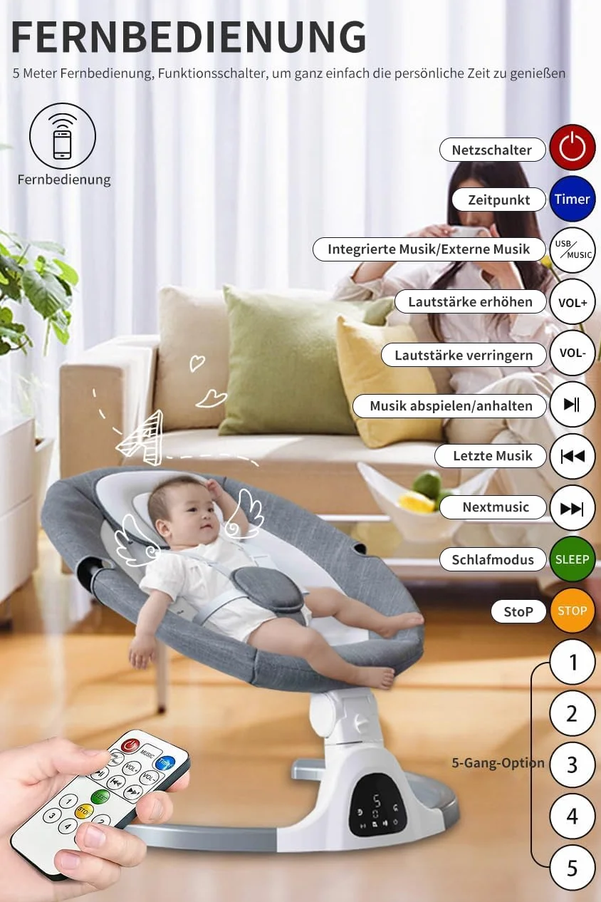 Bluetooth-Baby-Schaukel für Säuglinge, 5 Geschwindigkeit Musik-Lautsprecher mit 12 voreingestellten Schlaflieder, Fernbedienung Indoor-Baby-Wippe mit Touchscreen Stuhl für 0-9 Monaten (Khaki)