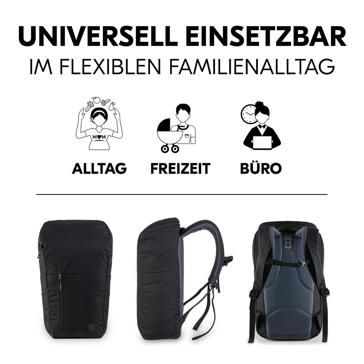 hauck Pack N Walk, Schwarz - Wickelrucksack und Wickeltasche 22 Liter mit Innentaschen, Außenfächern, Verstellbare Gurte und Brustgurt - Rucksack für Damen und Herren