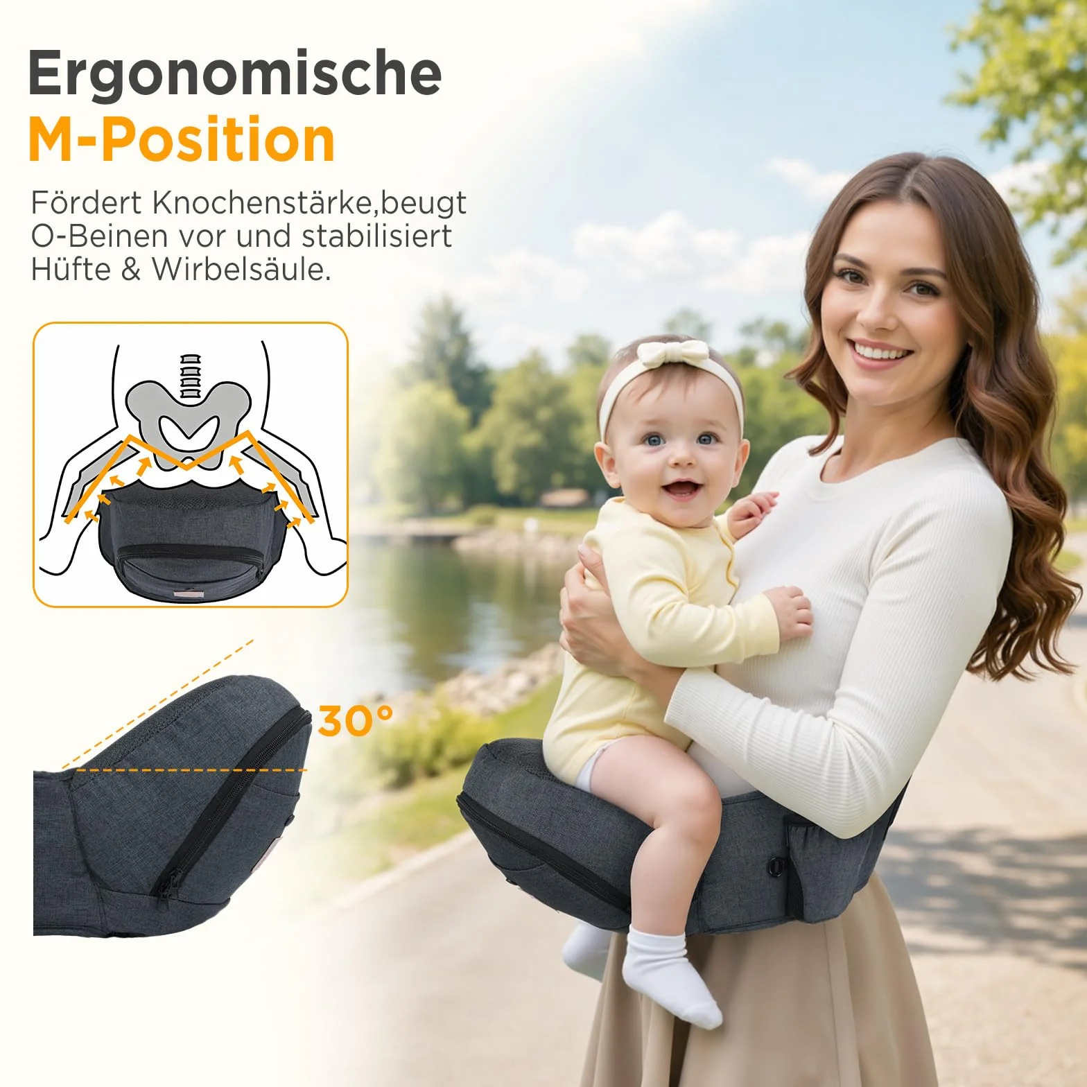 GAGAKU Baby Hüftsitz Babytrage ErgonomischeBaby Hüfttrage Leicht Tragehilfe Baby mit Stauraum für Kinder 0-36 Monate Neugeborenes - Dunkelgrau