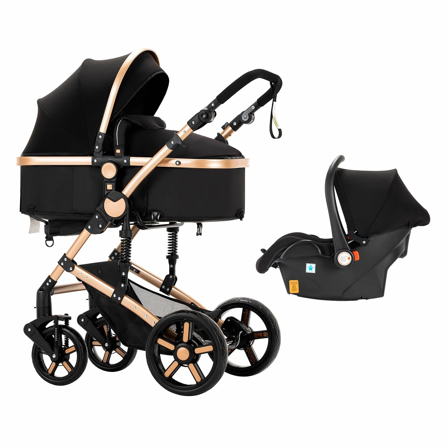 MoLi Kinderwagen 3 in 1, Kinderwagen mit Umkehrbarem Doppelschiebemodus, Buggy mit Großer Bequemer Babywanne, Kombikinderwagen 3 in 1 Rahmen Aluminiumlegierung Faltbar Hohe Landschaft (588 Black Gold)