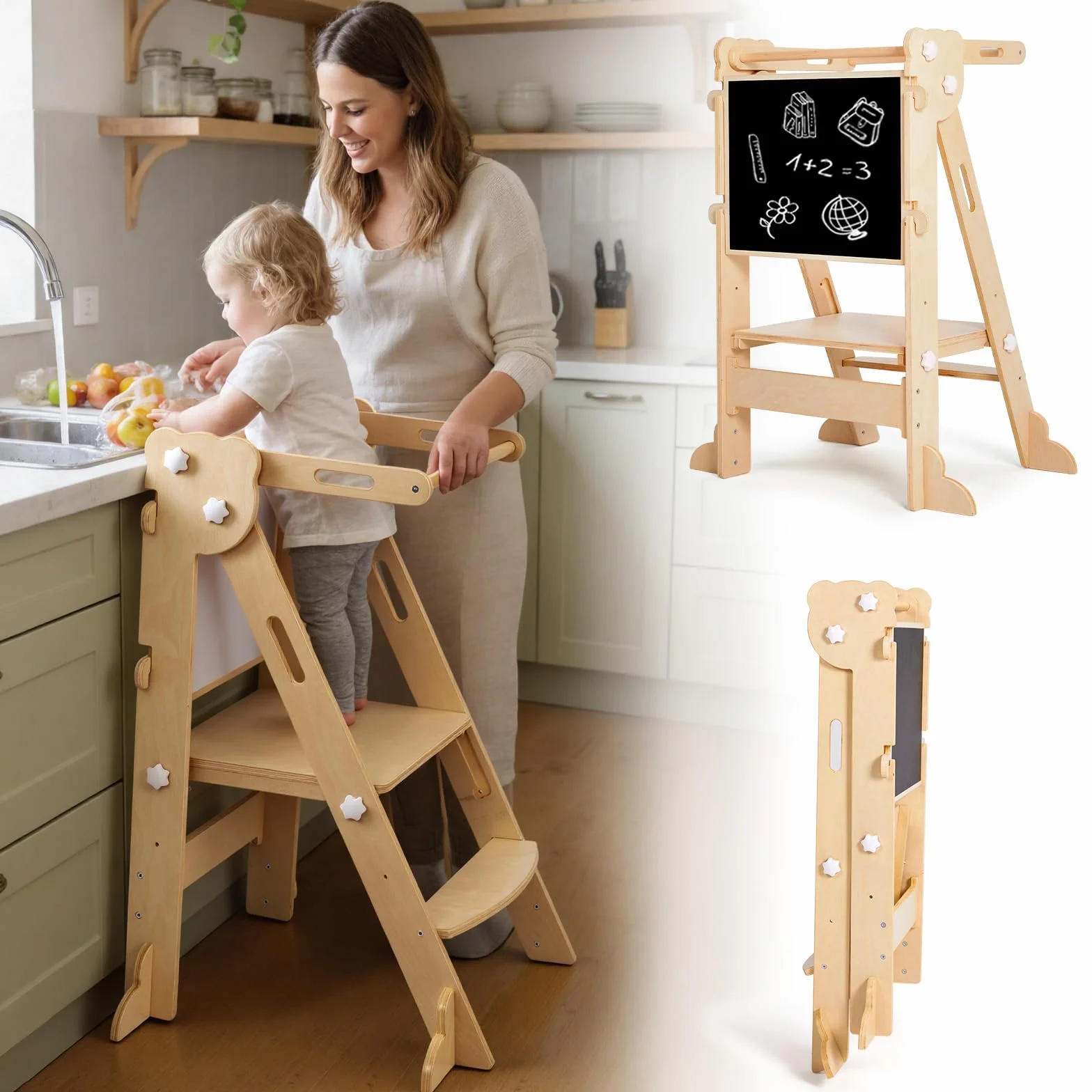 labebe Klappbar Lernturm für Kinder, Montessori Learning Tower mit Zweiseitige Tafel, 3 in 1 Einstellbare Höhe und Breite Lerntower, Multifunktion Lernturm ab 1 Jahr für Küche（Holz）