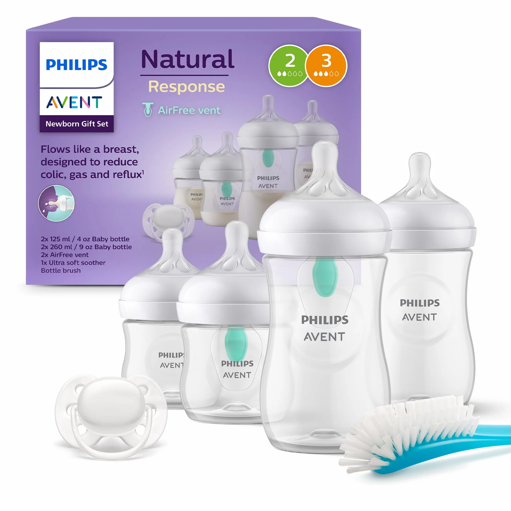 Philips AVENT Babyflaschen mit AirFree Ventil Geschenkset für Neugeborene 4 Stück ultra soft Schnuller Flaschenbürste 0–12 Monate SCD657/11