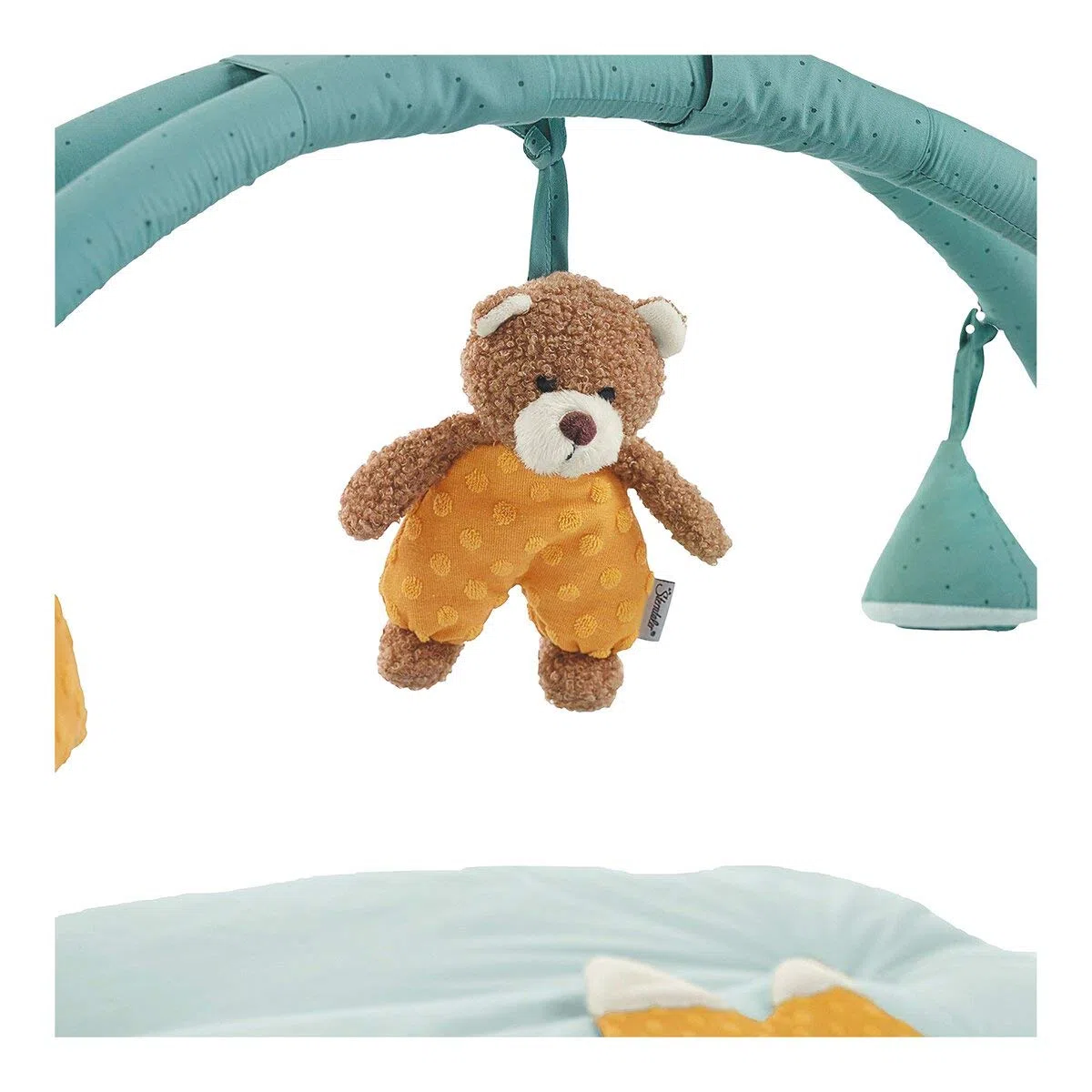 Sterntaler Spielbogen Bär Ben aus weichem, gepolstertem Stoff, mit herabhängenden Figuren, Rassel, Knisterpapier und Spiegel, fördert Greifen und Sinne – Grün, 100 × 80 cm