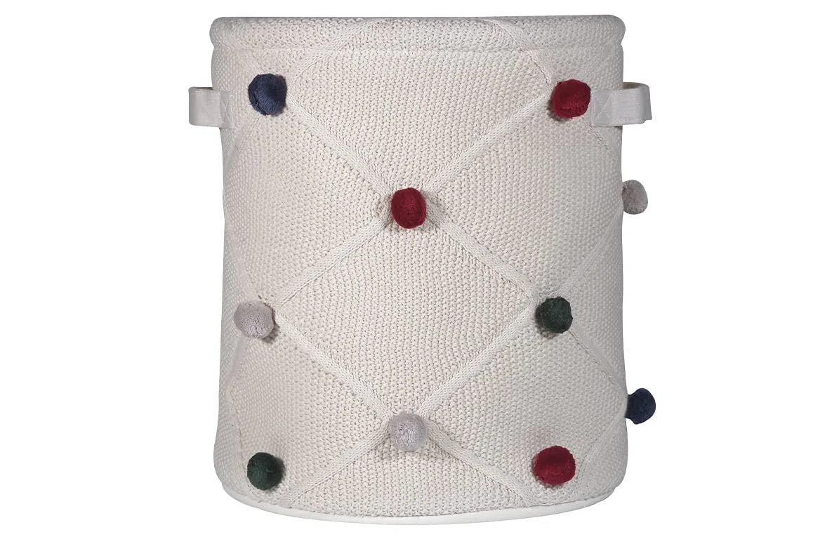 Kindsgut Aufbewahrungskorb Kinder Baumwolle mit Pompons, Creme | Spielzeugkorb 30x35 cm, weich und rund, für Kuscheltiere, Spielzeug, Decken und Wäsche, Kinderzimmer, Ordnung lernen, Unisex
